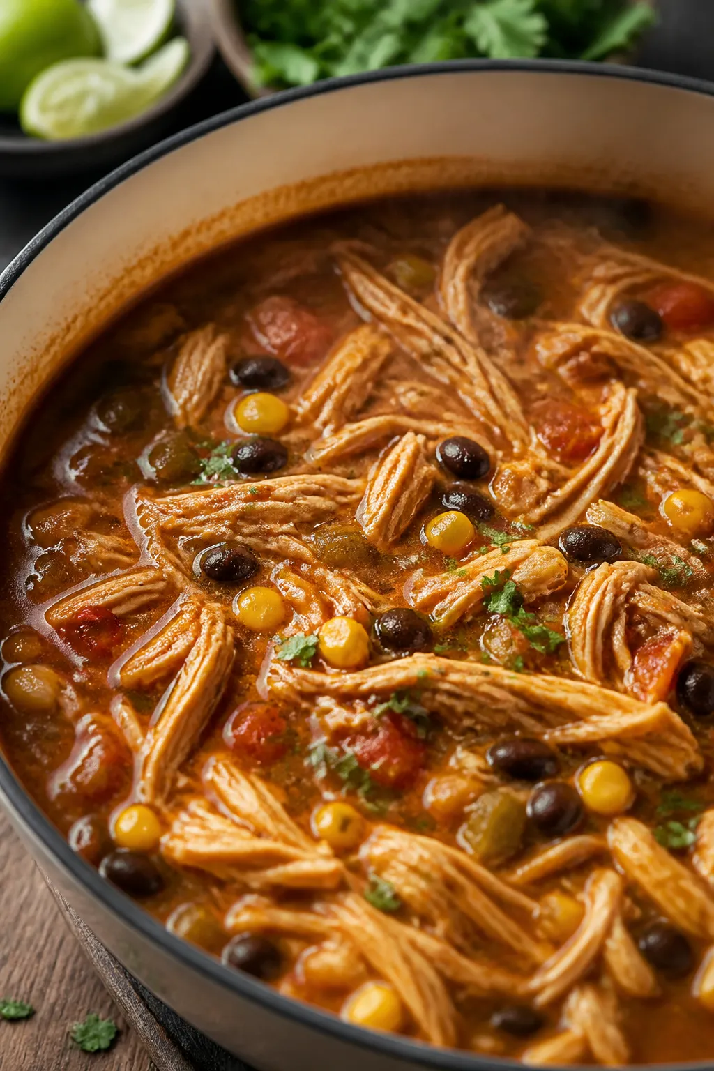 Close-up detail: Shredded chicken just returned to a simmering pot of Mexican chicken soup, strands