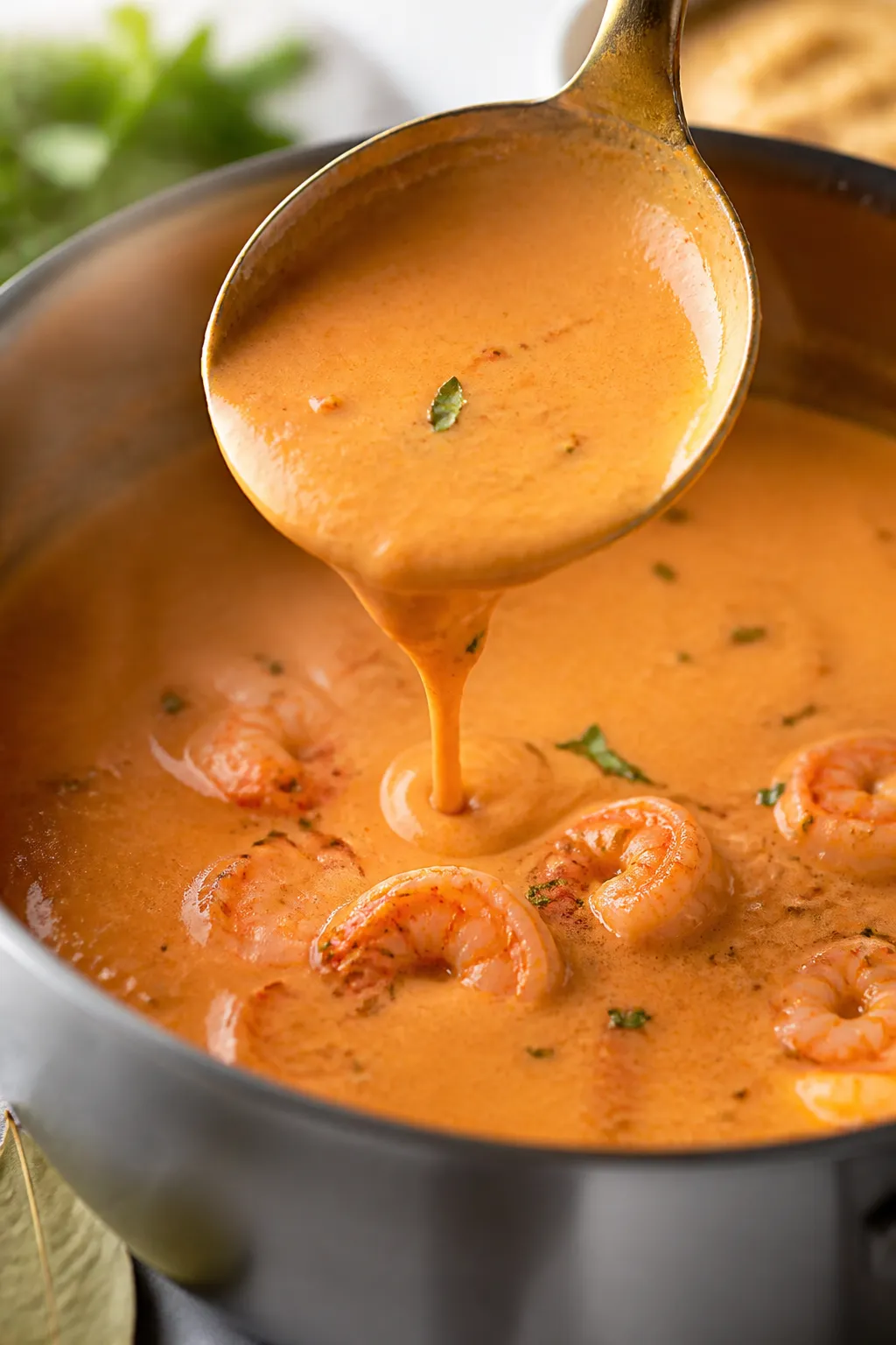 Close-up detail: Silky low-carb shrimp bisque being ladled back into the pot after blending, showing