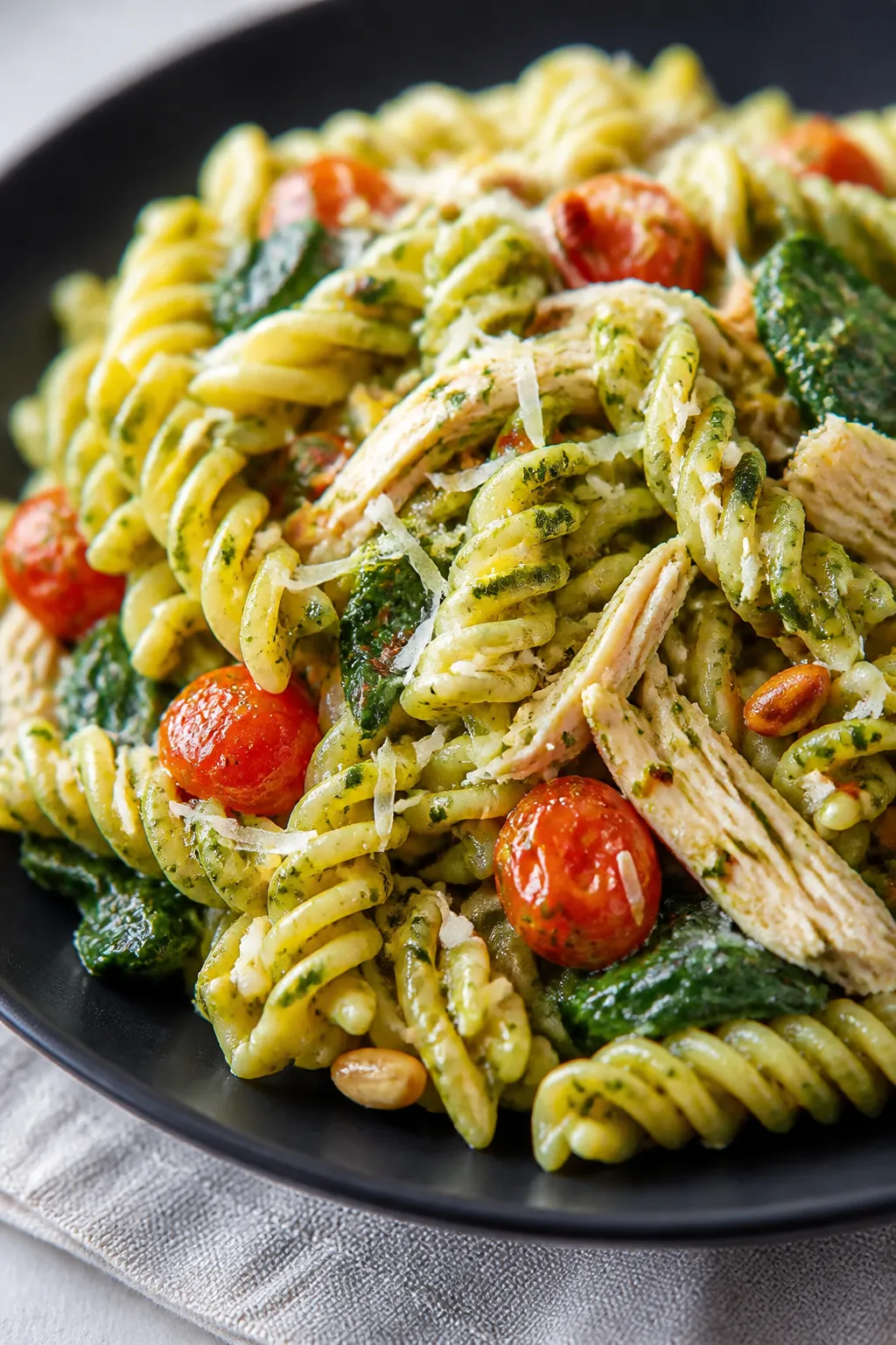Close-up detail: Silky pesto sauce clinging to al dente rotini with shredded rotisserie chicken wove