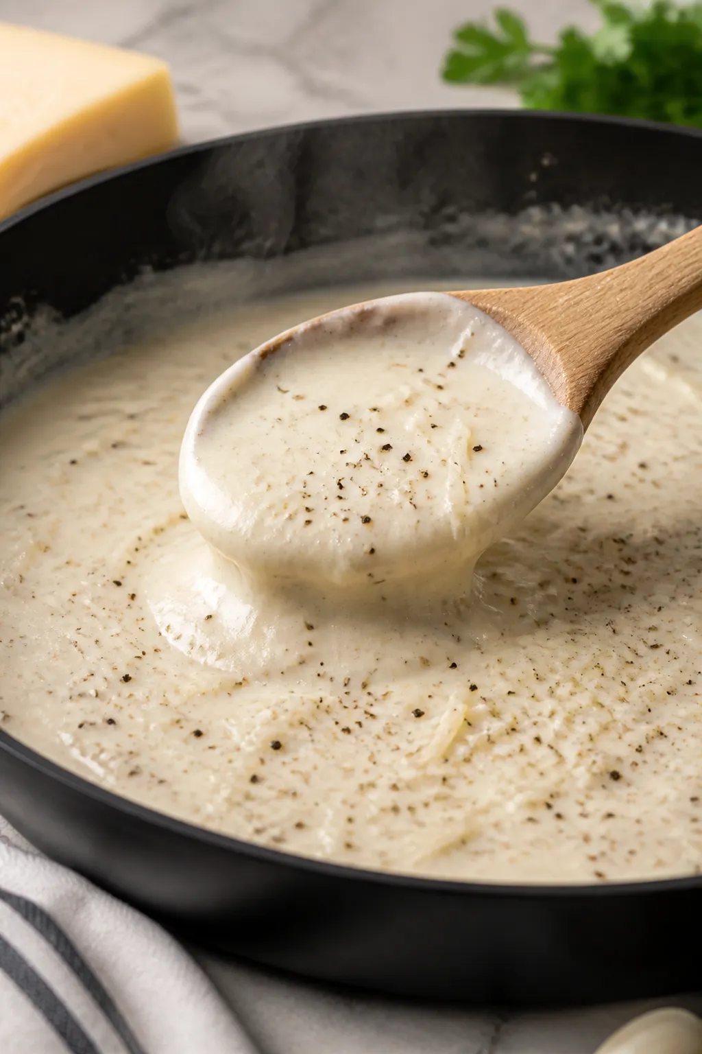 Close-up detail: Silky protein Alfredo sauce being stirred in a skillet over medium-low heat—cream