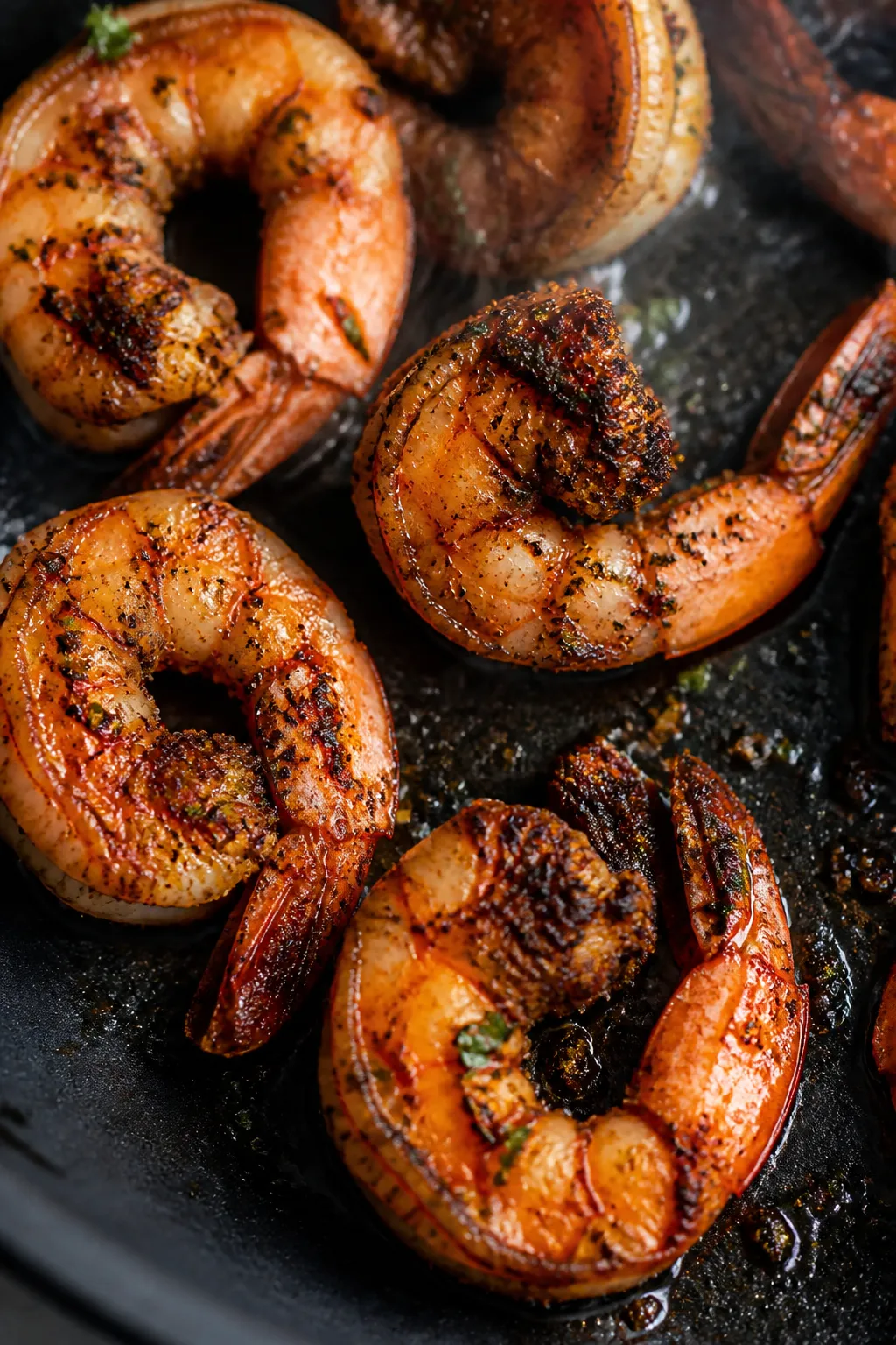 Close-up detail: Sizzling blackened shrimp in a hot nonstick skillet, edges lightly charred with a s
