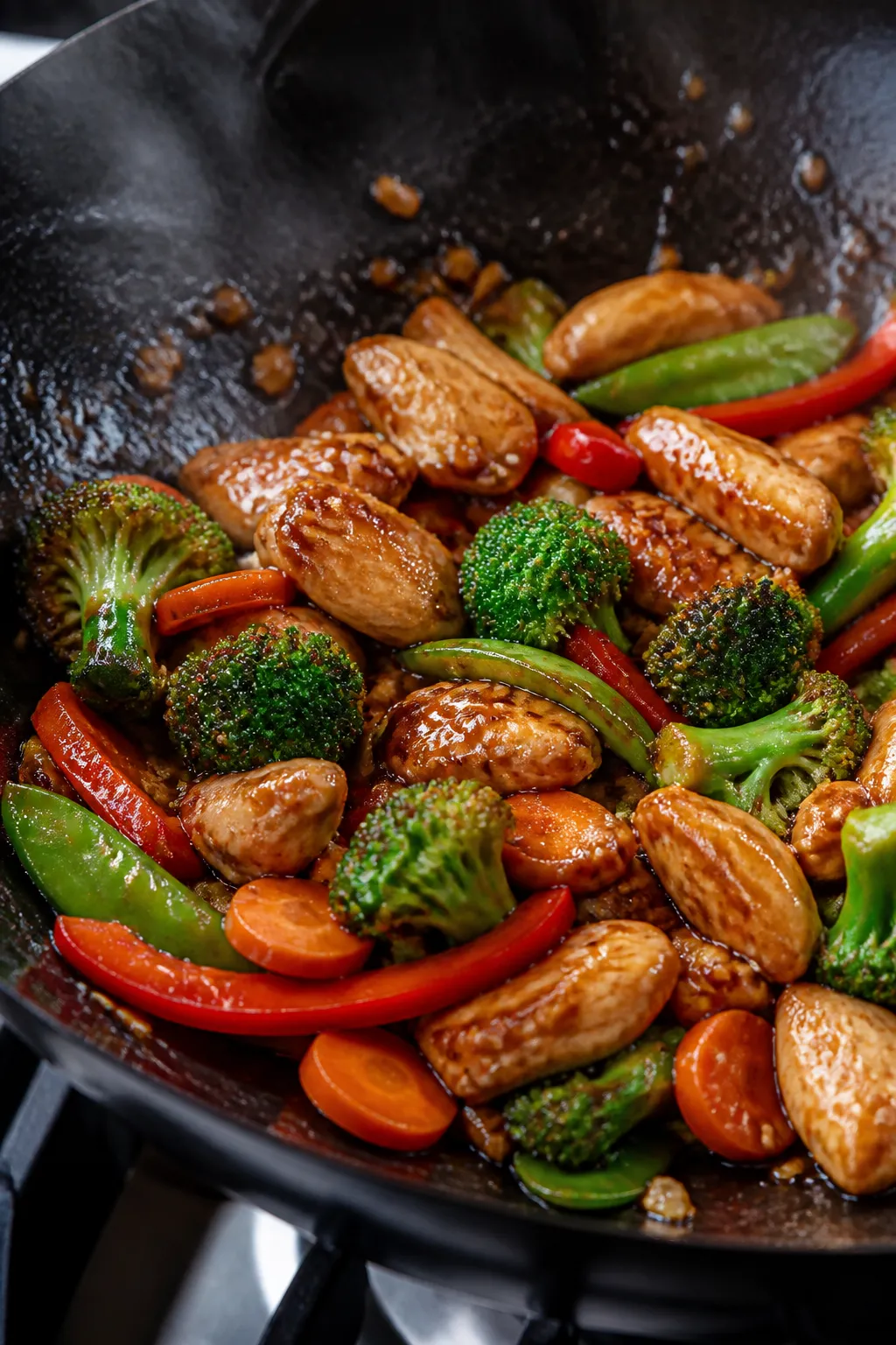 Close-up detail: Sizzling teriyaki chicken and vegetables mid-stir-fry in a carbon steel wok, glossy