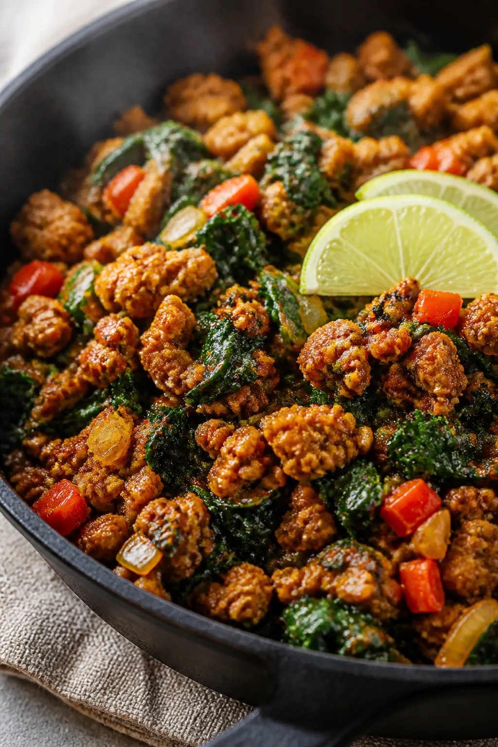 Close-up detail: Skillet of browned ground chicken with diced yellow onion and red bell pepper, spic