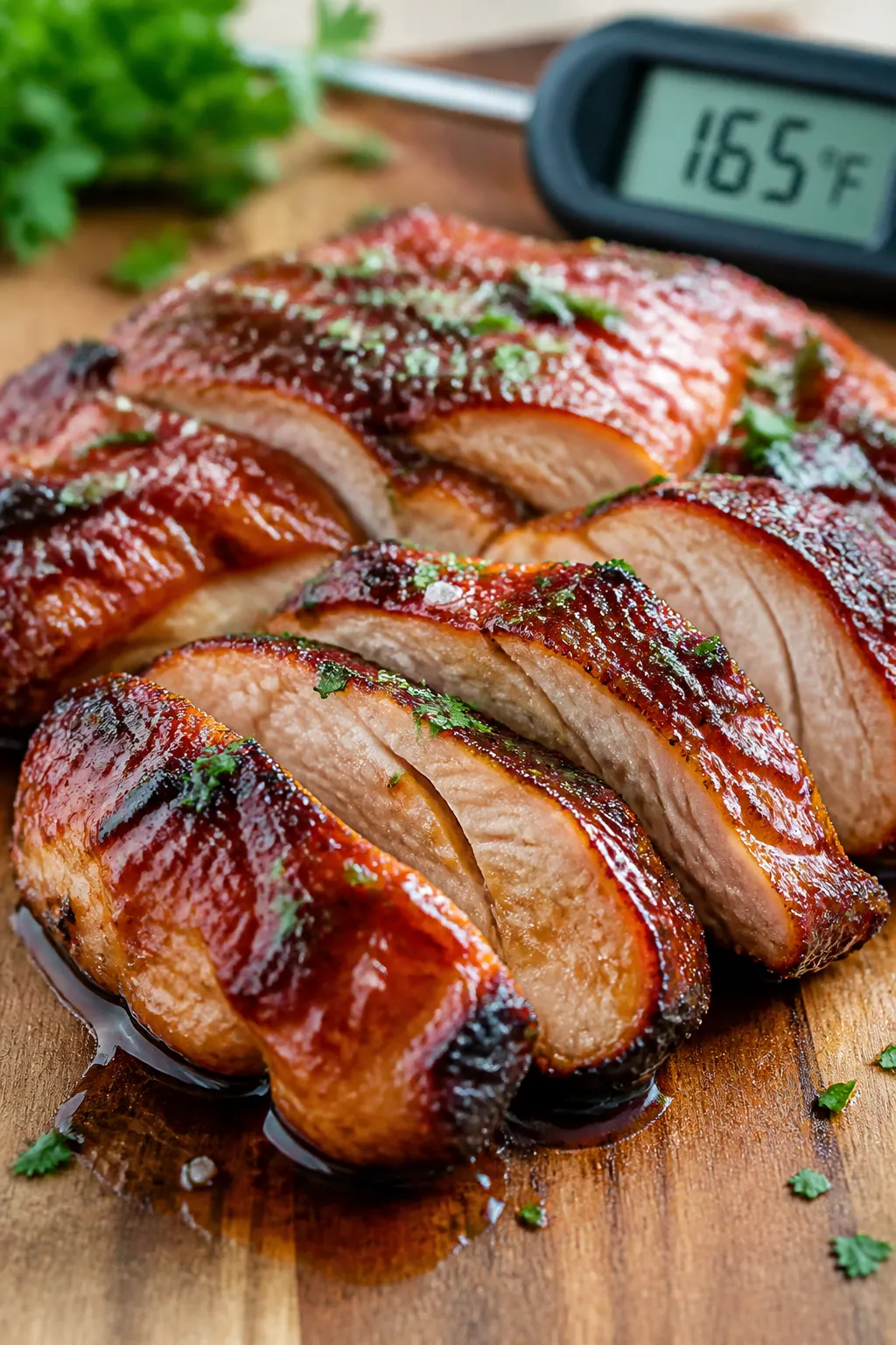 Close-up detail: Sliced air-fried BBQ chicken thighs on a cutting board, glistening with a sticky, c