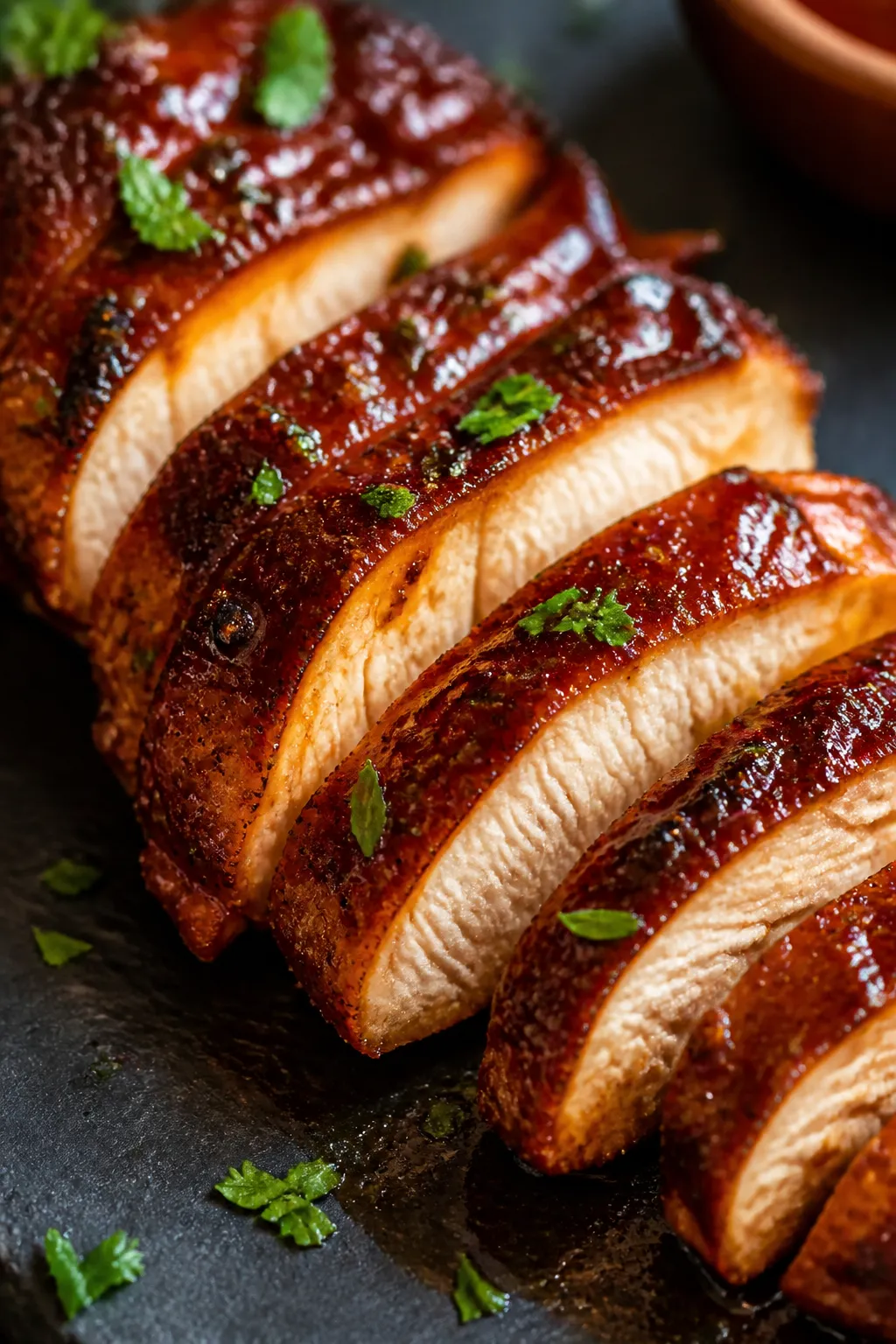 Close-up detail: Sliced BBQ-glazed chicken breast just after resting, glistening with a sticky, cara