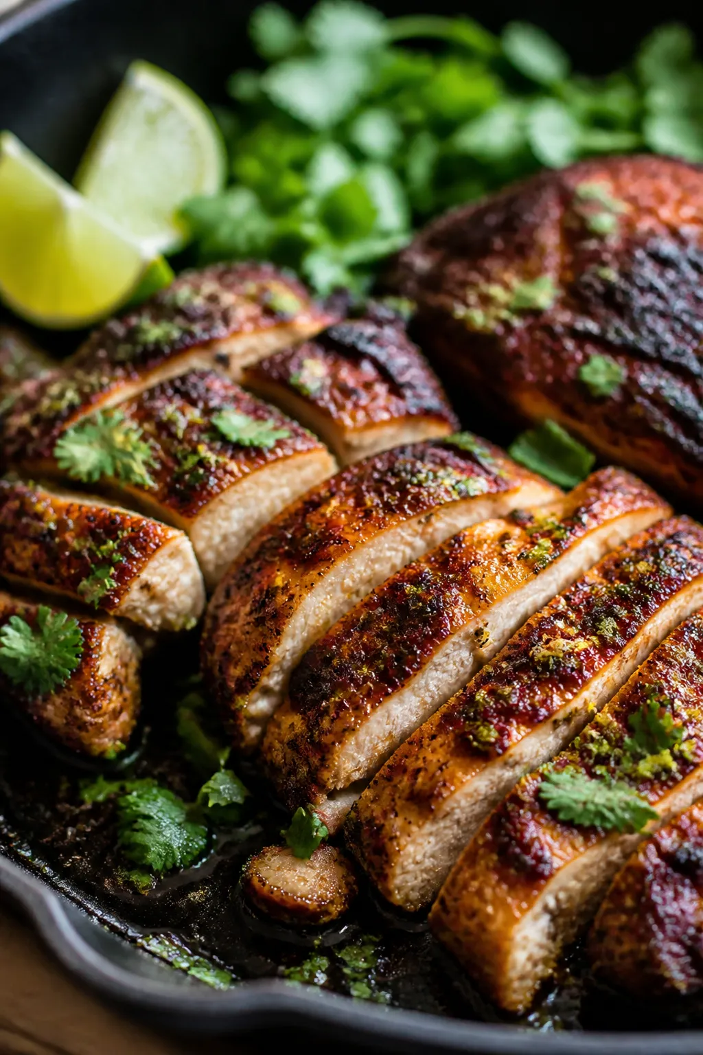 Close-up detail: Sliced chipotle-marinated chicken thighs just off the skillet, showing deep charred
