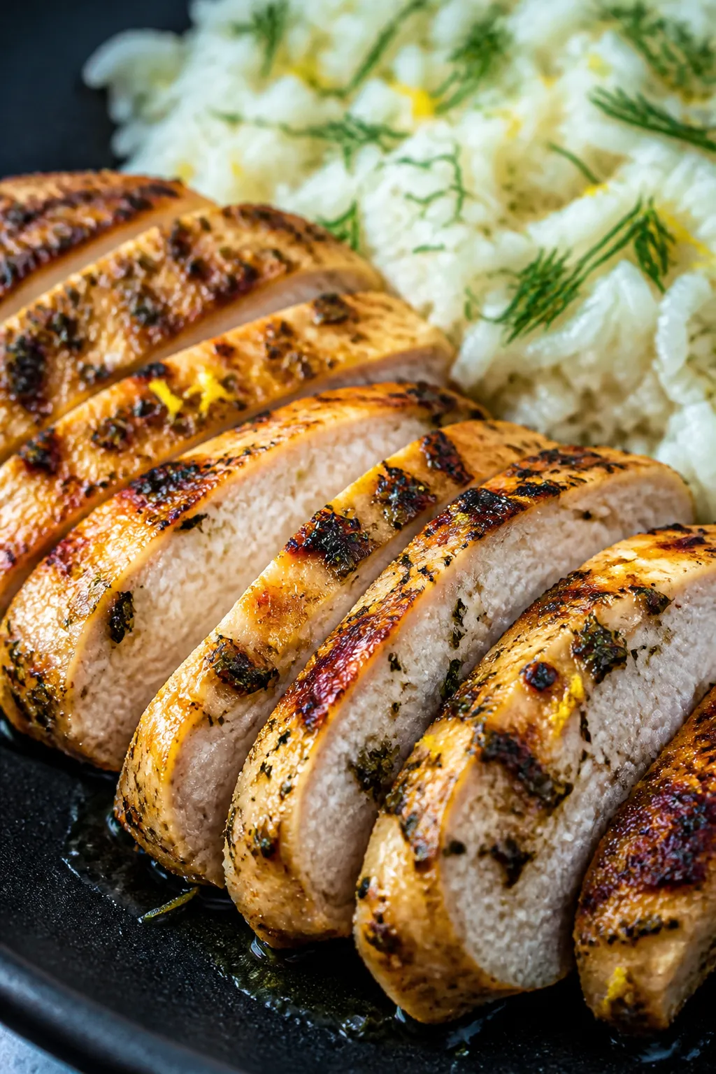 Close-up detail: Sliced Greek-marinated chicken breast just off the grill pan, golden-brown sear wit