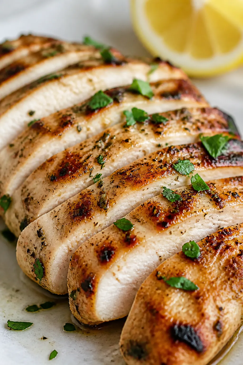 Close-up detail: Sliced Greek-marinated chicken breast just off the grill pan, golden sear marks and