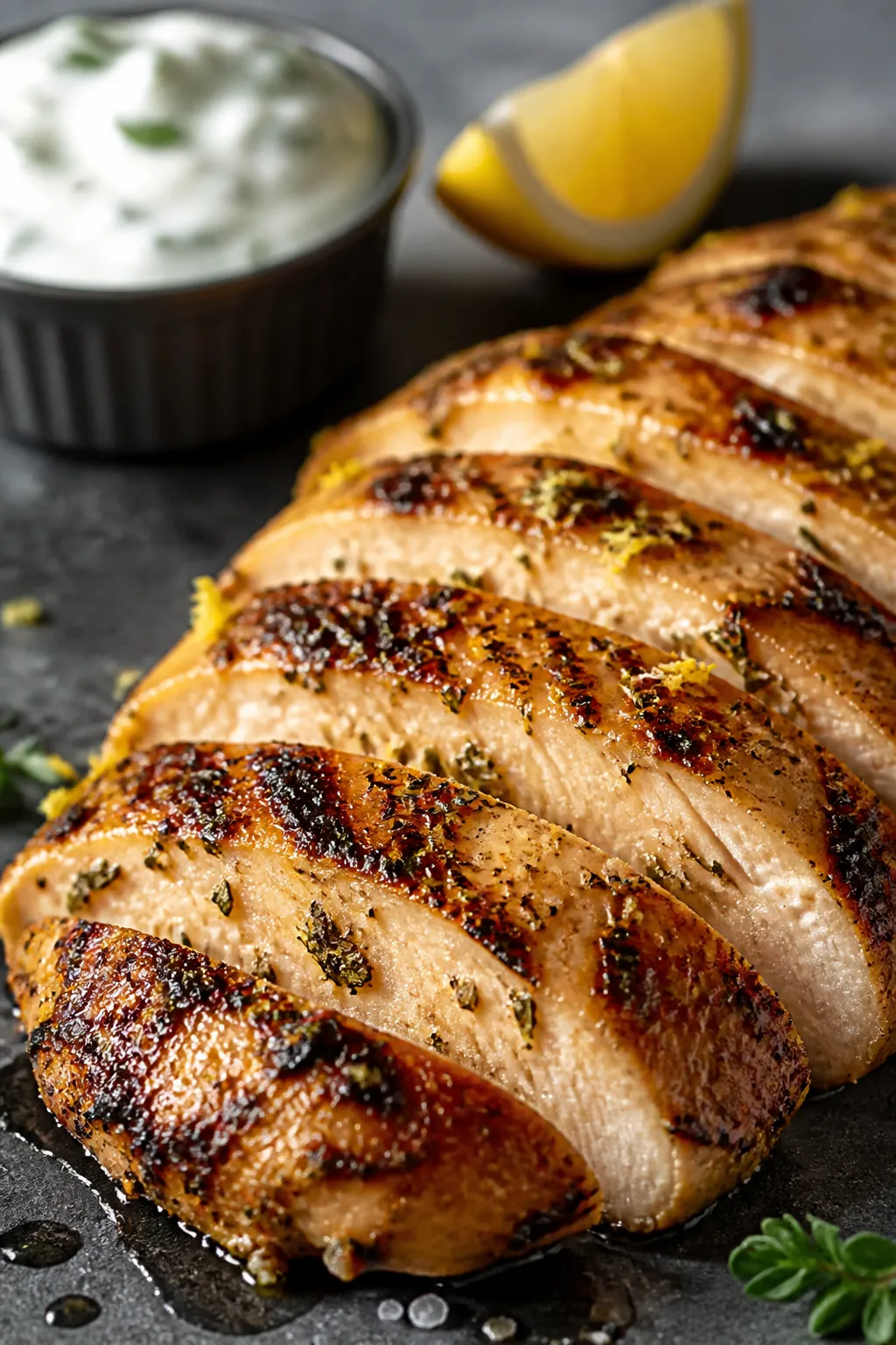 Close-up detail: Sliced grilled lemon-garlic chicken just off the grill/pan, golden char marks and g