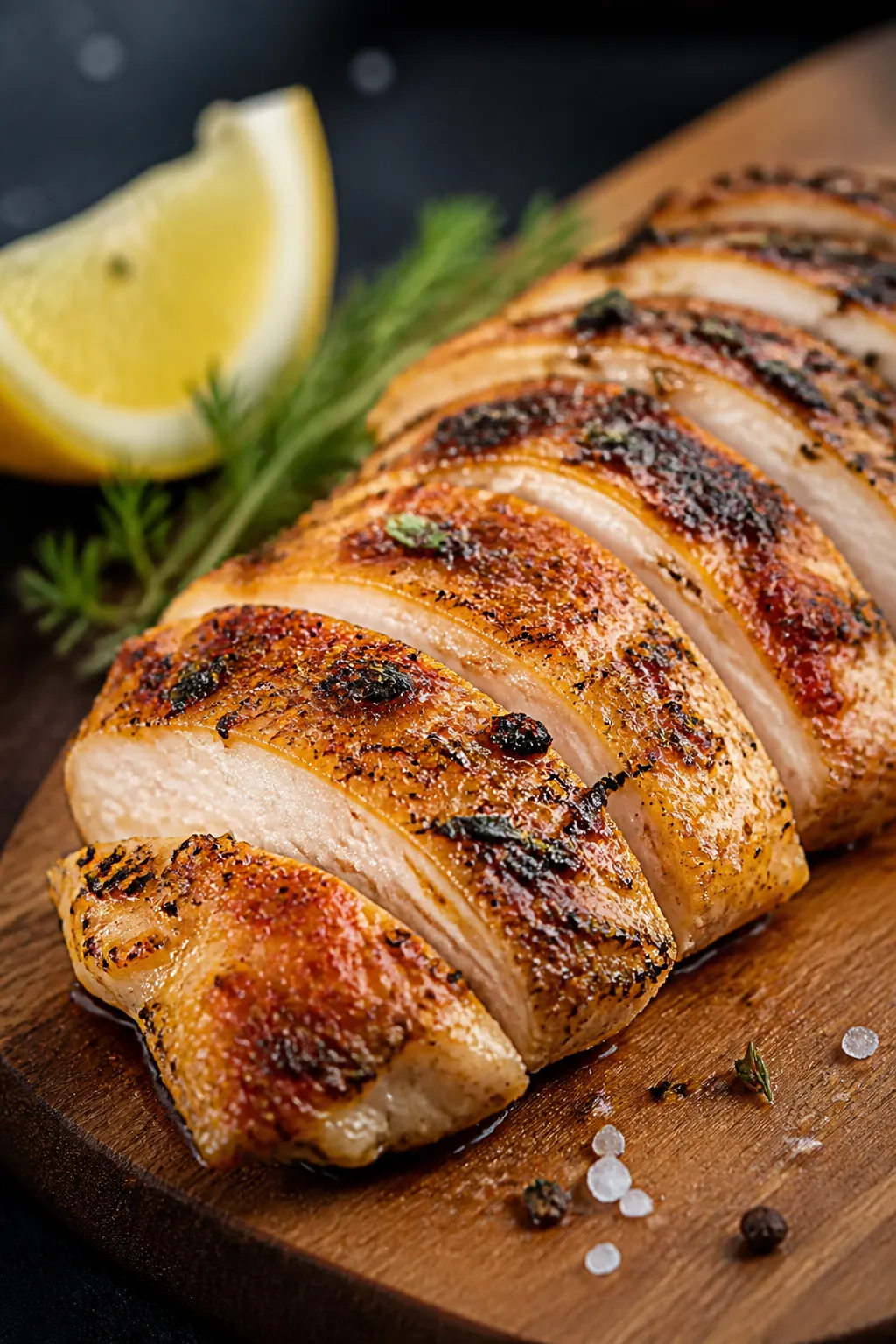 Close-up detail: Sliced lemon-herb chicken just off the skillet, golden sear and visible oregano, cu