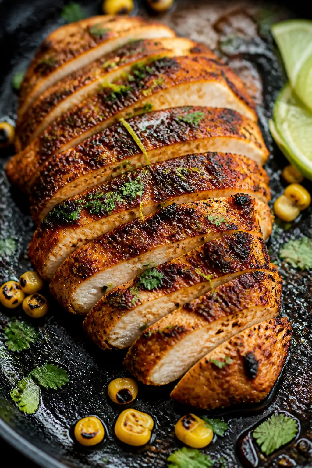 Close-up detail: Sliced taco-seasoned chicken breast just off the skillet, golden sear with visible