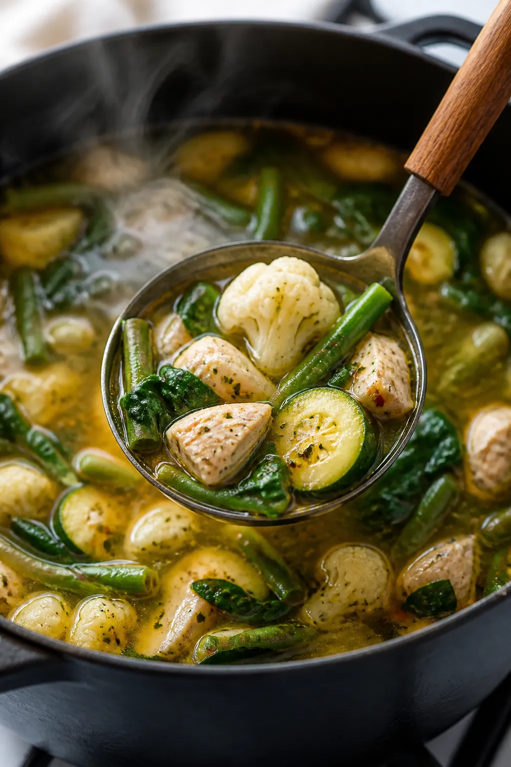 Close-up detail: Steam-kissed ladle of low carb chicken vegetable soup being lifted from a matte-bla