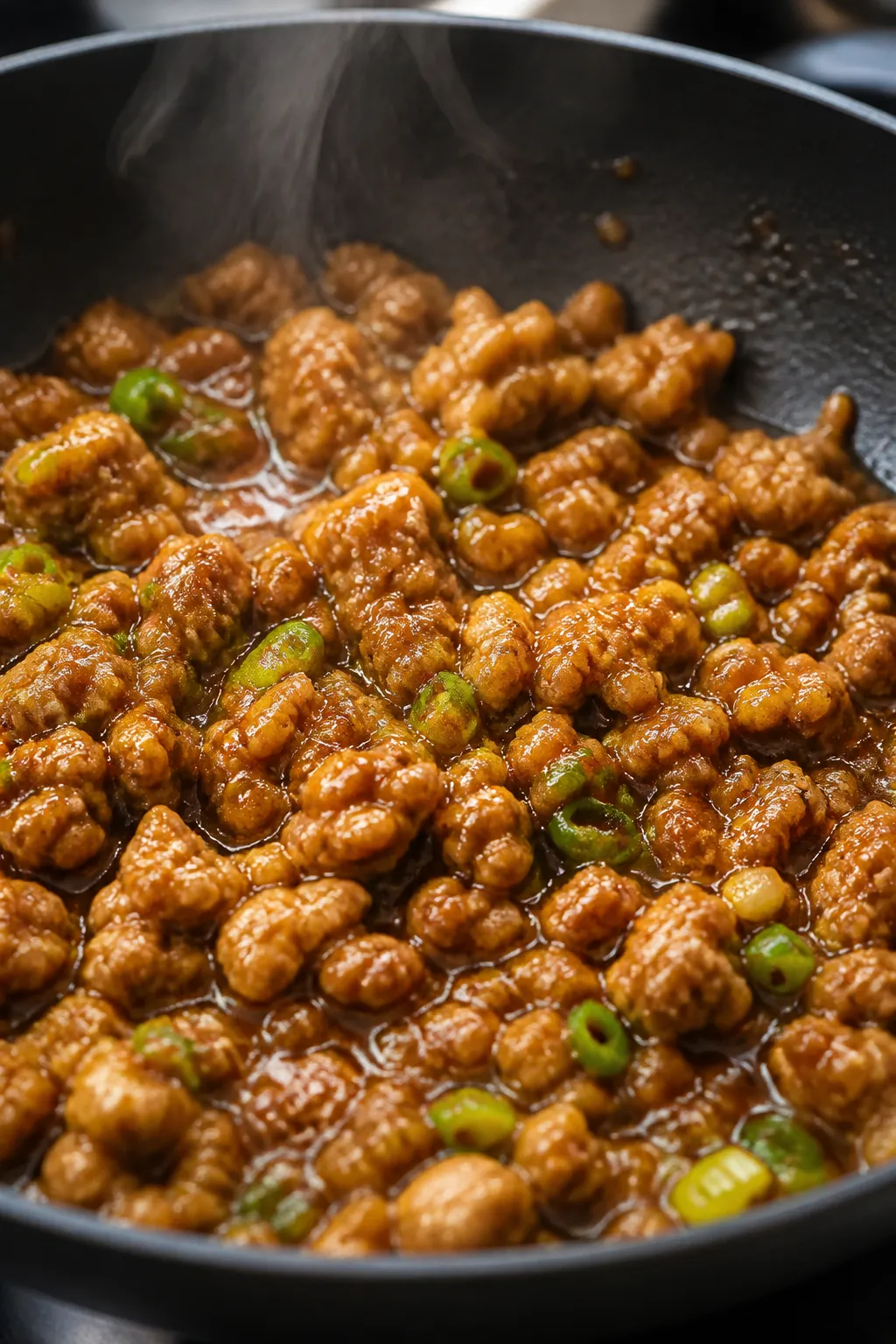 Close-up detail: Sticky honey garlic ground chicken simmering in a dark nonstick skillet, glossy sau