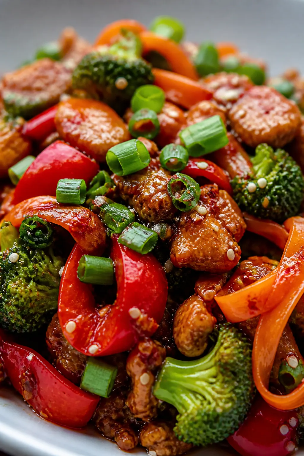 Close-up detail: Tight macro of glossy, sauce-coated ground chicken with vibrant veggies—char-kiss