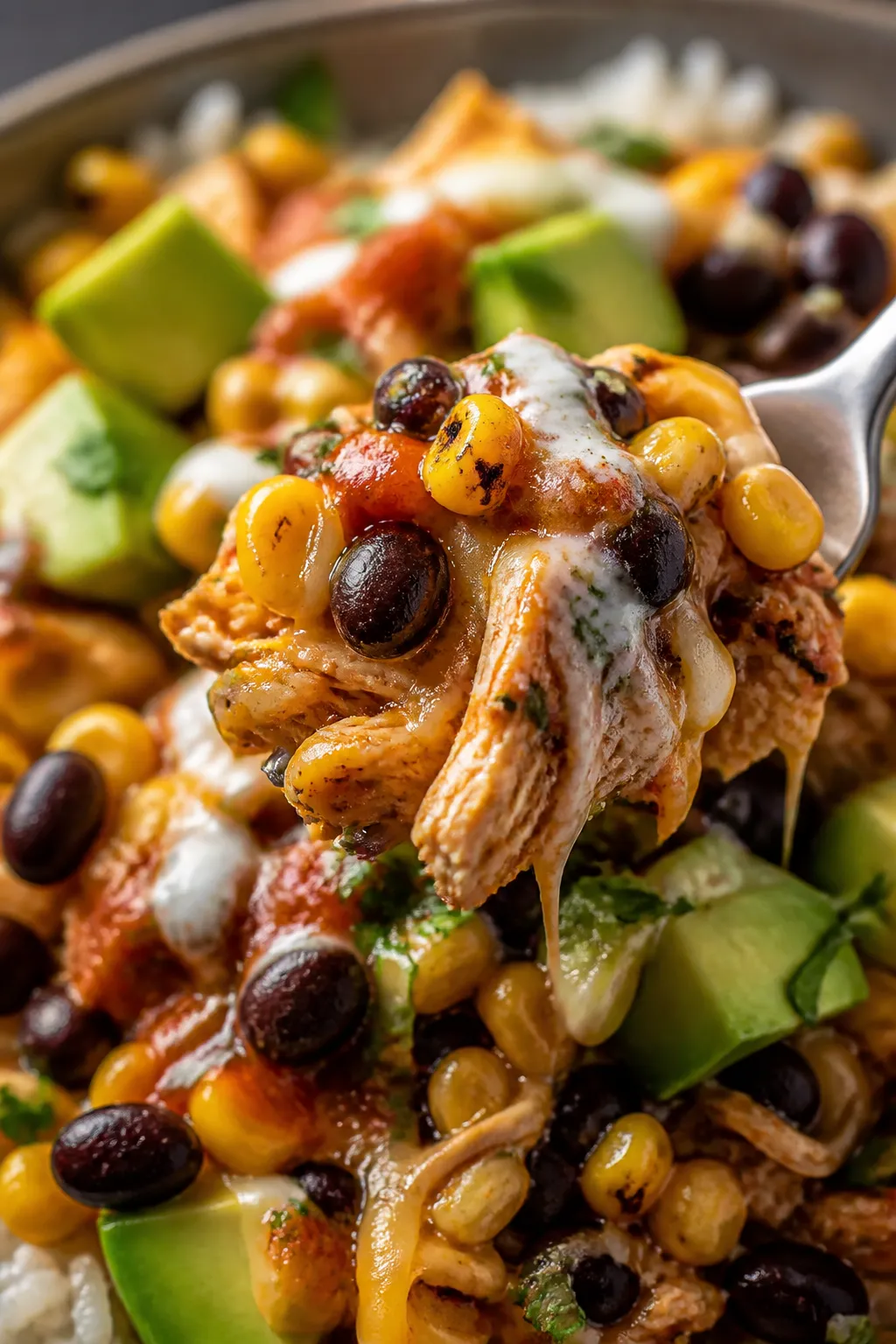 Close-up final detail â Glamour shot of a finished taco bowl bite: fork lifting a layered scoop sh