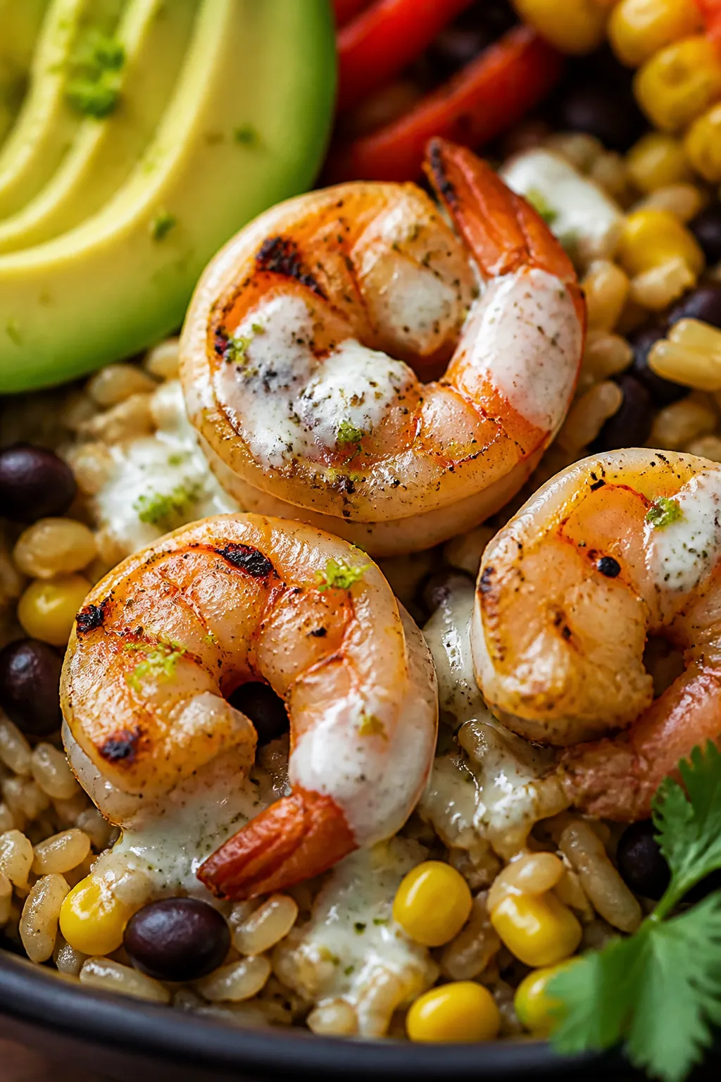 Close-up final detail: Tight macro of three shrimp nestled over brown rice with glossy yogurt-lime s
