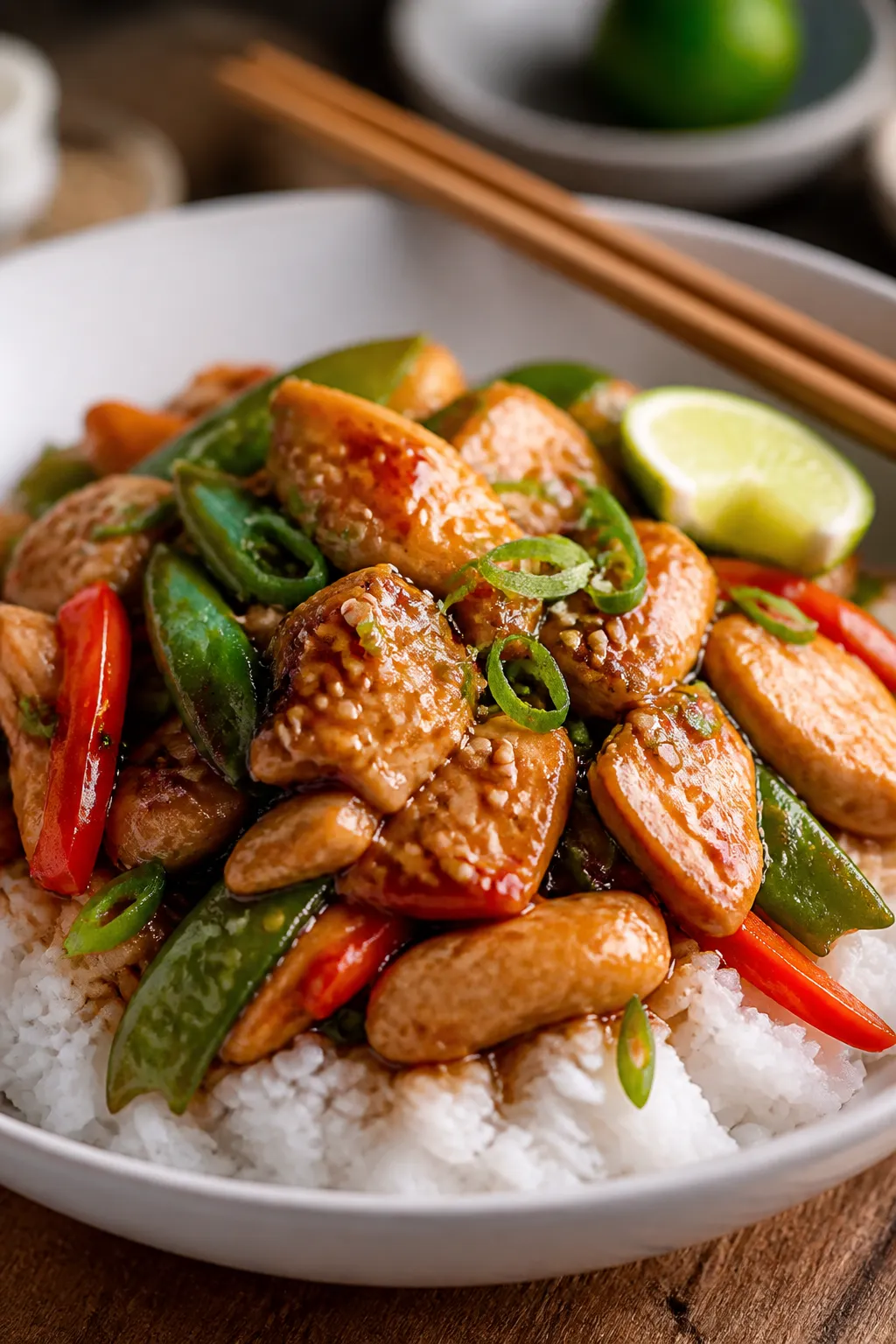 Close-up final dish: Beautifully plated Healthy Chicken Stir Fry over jasmine rice in a wide, shallo