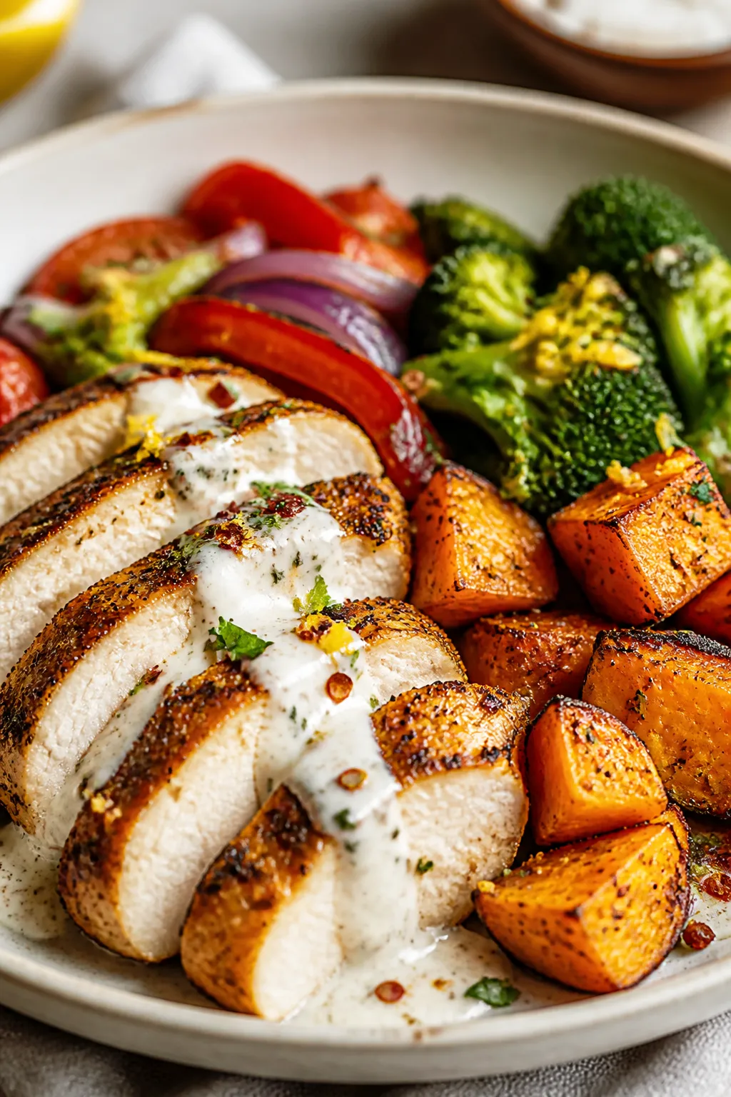 Close-up final dish: Tight macro of a plated Chicken & Sweet Potato Bowl with drizzled lemon-garlic