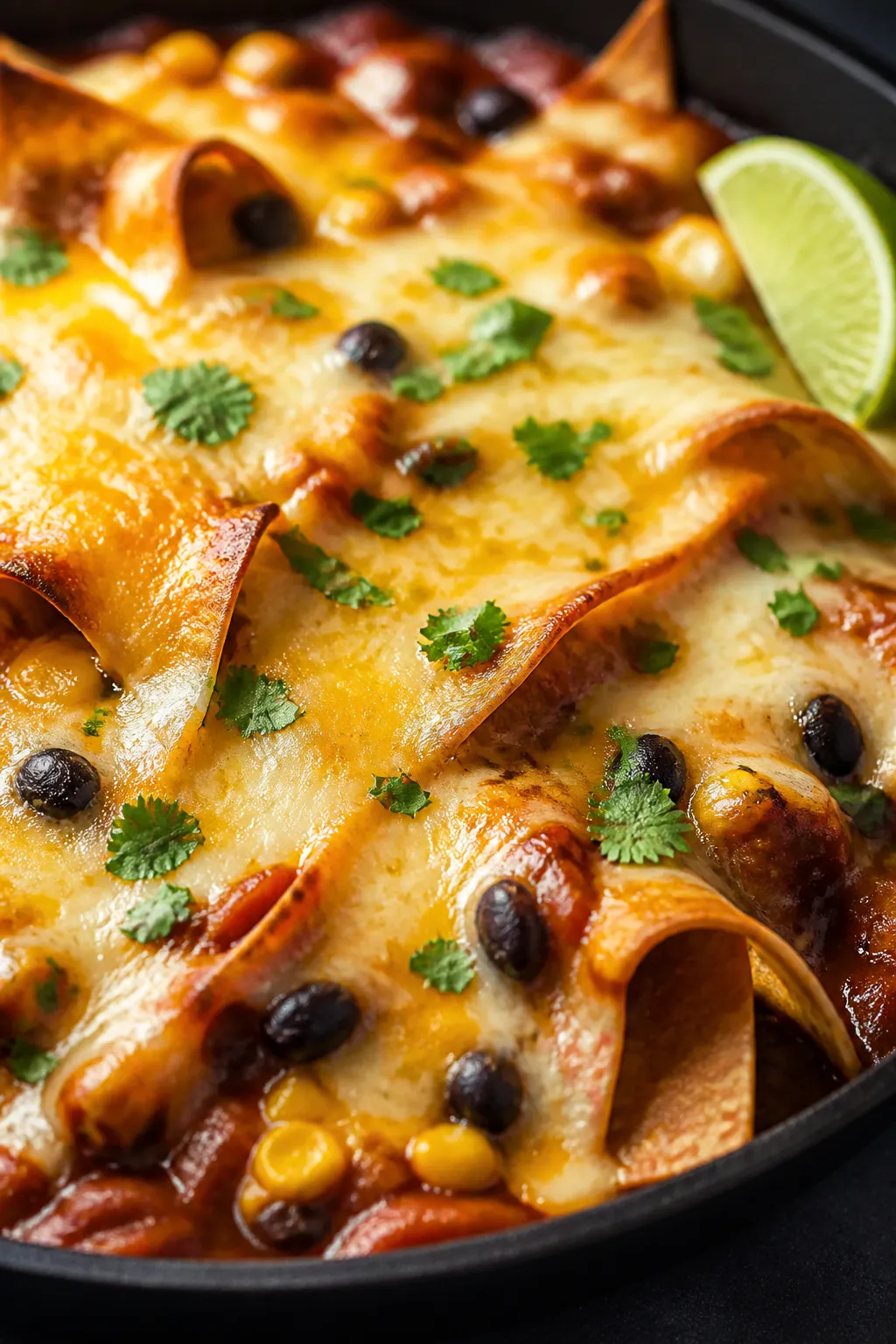 Close-up, melty cheese moment: Ultra-tight shot of the finished skillet just after adding cheese—a