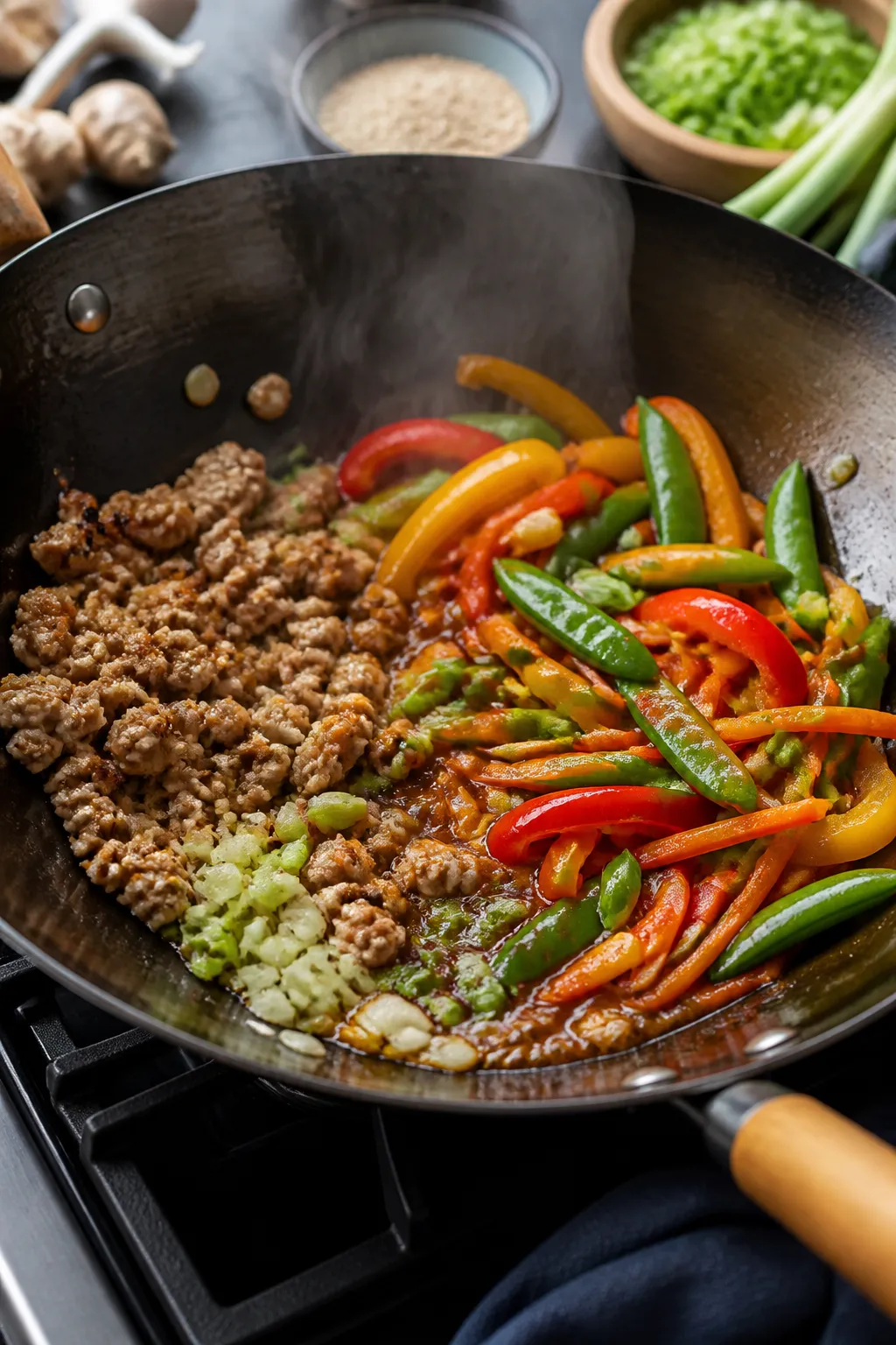 Cooking process, action shot: Ground chicken stir fry sizzling in a carbon-steel wok over medium-hig
