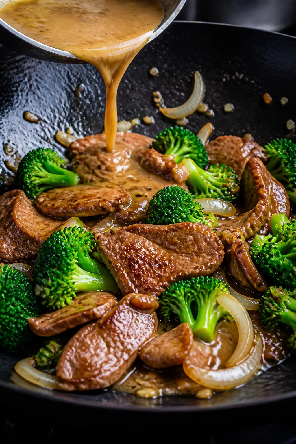 Cooking process: Action shot of the stir-fry mid-finish in a black wok—whisked cornstarch-thickene