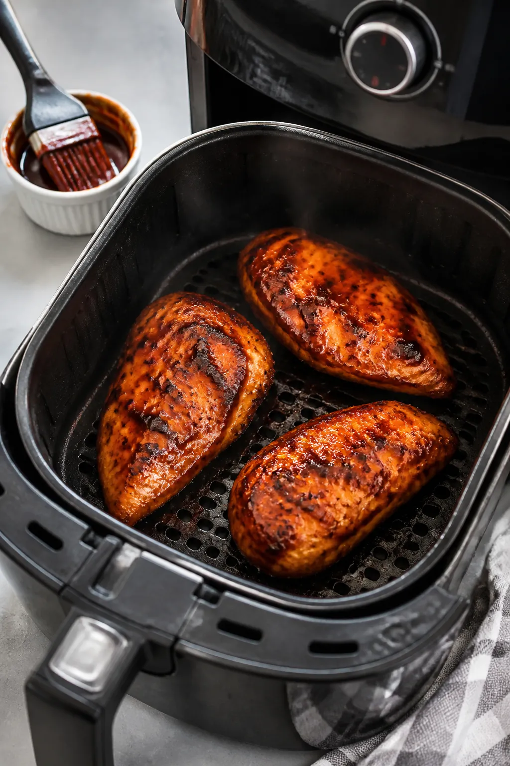 Cooking process: Air fryer basket just opened with a single layer of seasoned chicken breasts mid-fi