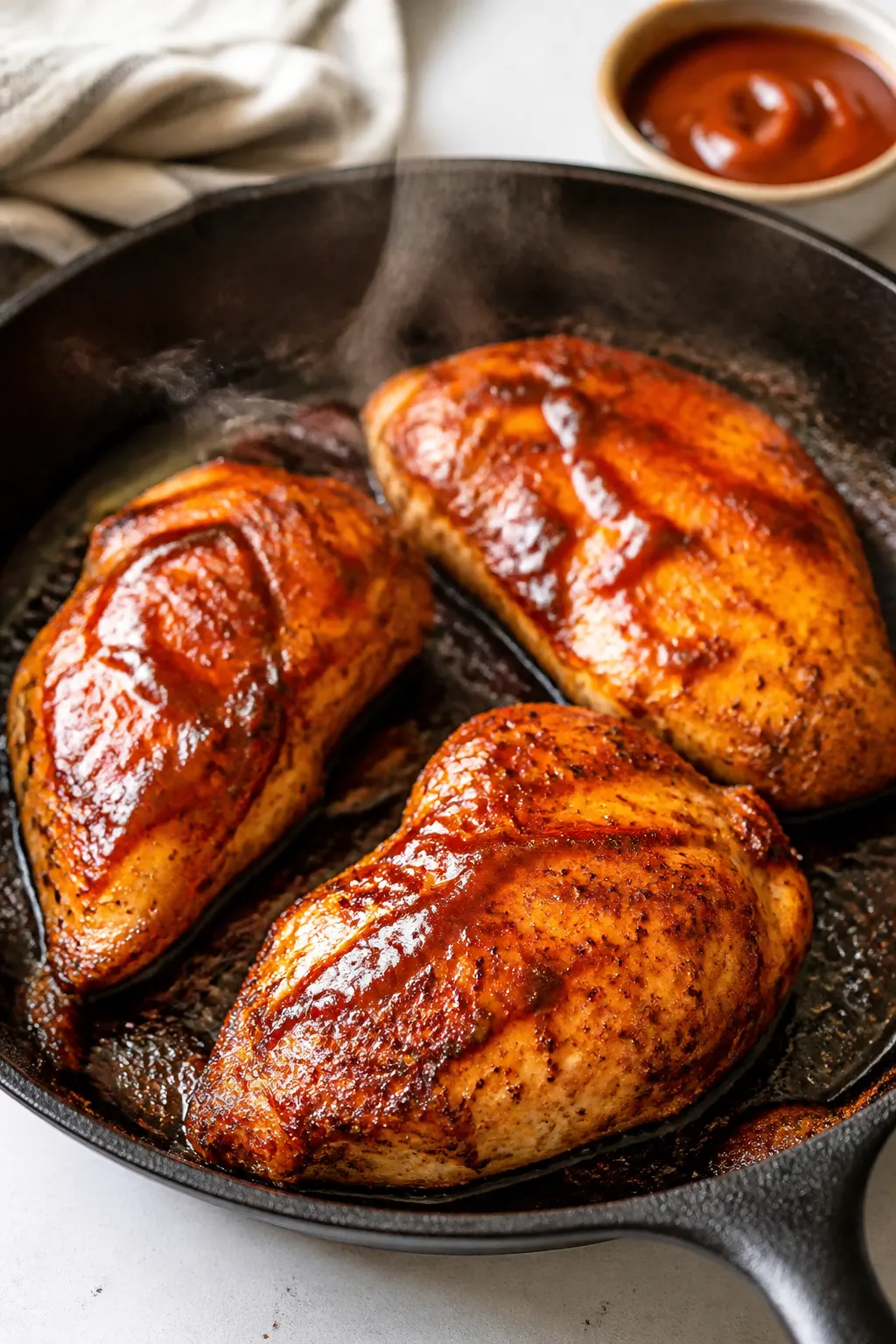 Cooking process — BBQ chicken sear: Close-up of seasoned chicken breasts sizzling in a cast-iron s