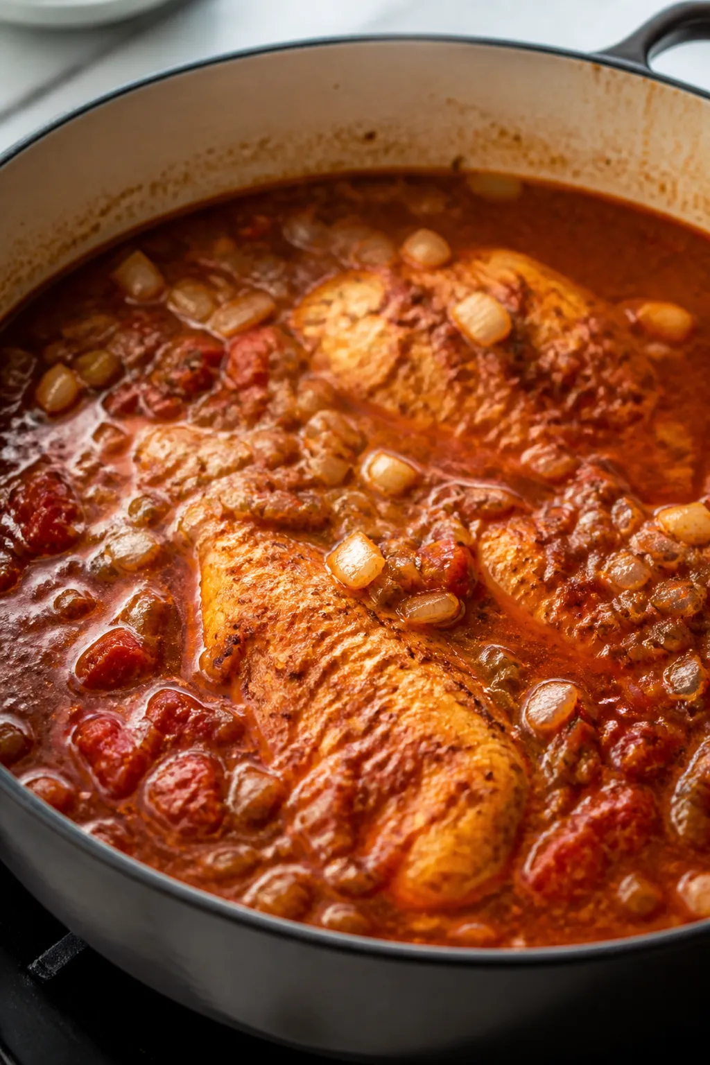 Cooking process — Blooming spices in action: A medium-close shot of a simmering pot of chicken tac