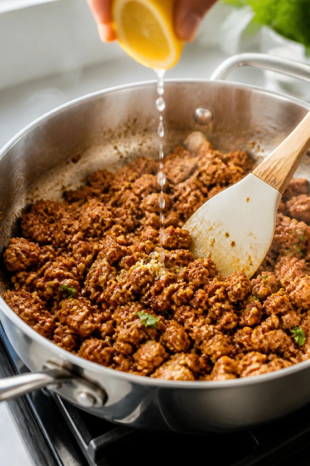Cooking process â browned, spiced ground chicken: Close-up of ground chicken sizzling in a wide st