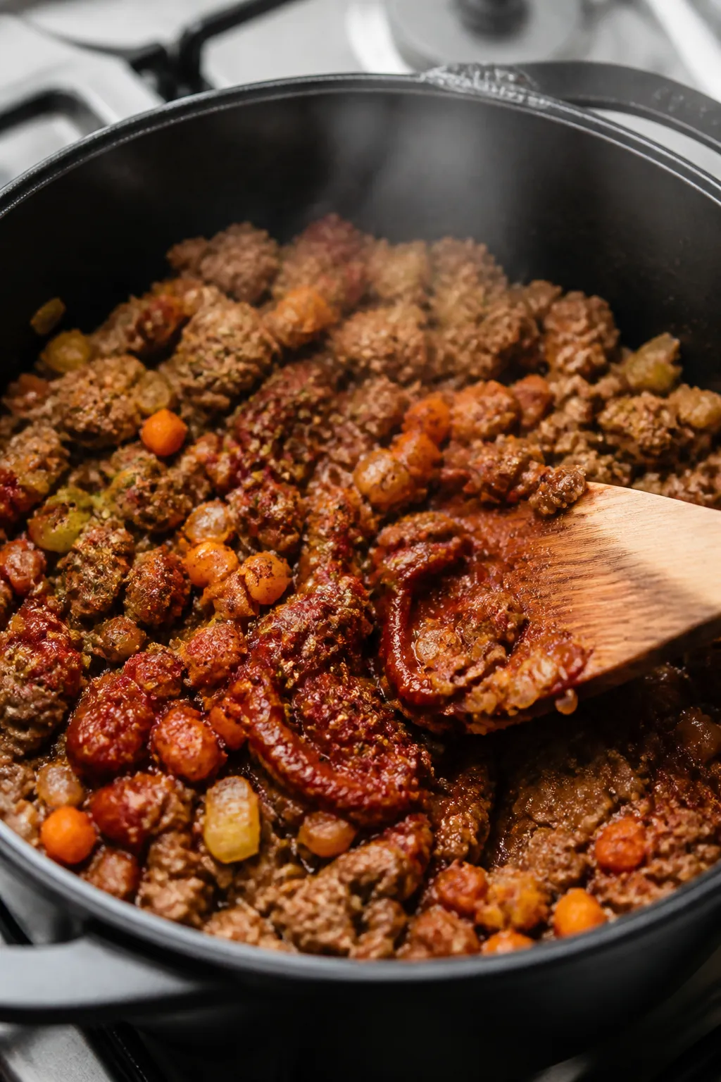 Cooking process ā Browning lean ground beef in a matte black Dutch oven, sizzling browned crumbles