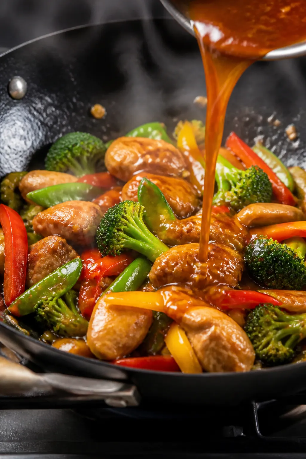 Cooking process: Chicken stir fry sizzling in a wok over medium-high heat, showing browned, tender c