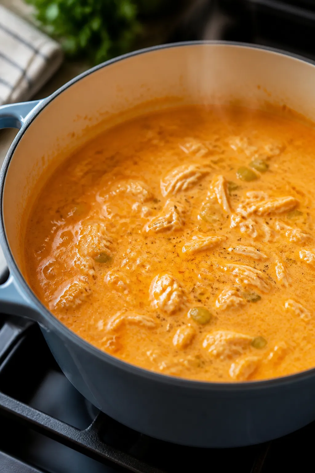 Cooking process close-up: A Dutch oven on the stovetop with the buffalo chicken soup at a gentle sim