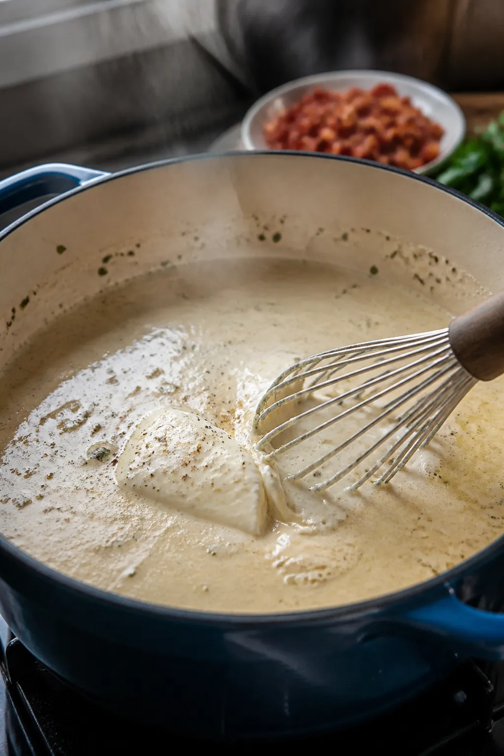 Cooking process close-up: A Dutch oven on the stovetop with the soup base at a gentle simmer as soft
