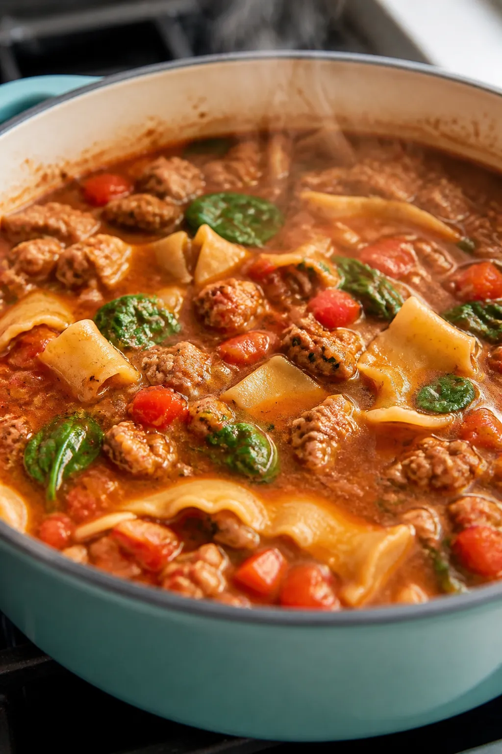 Cooking process close-up: A large Dutch oven of simmering high-protein lasagna soup right after nood