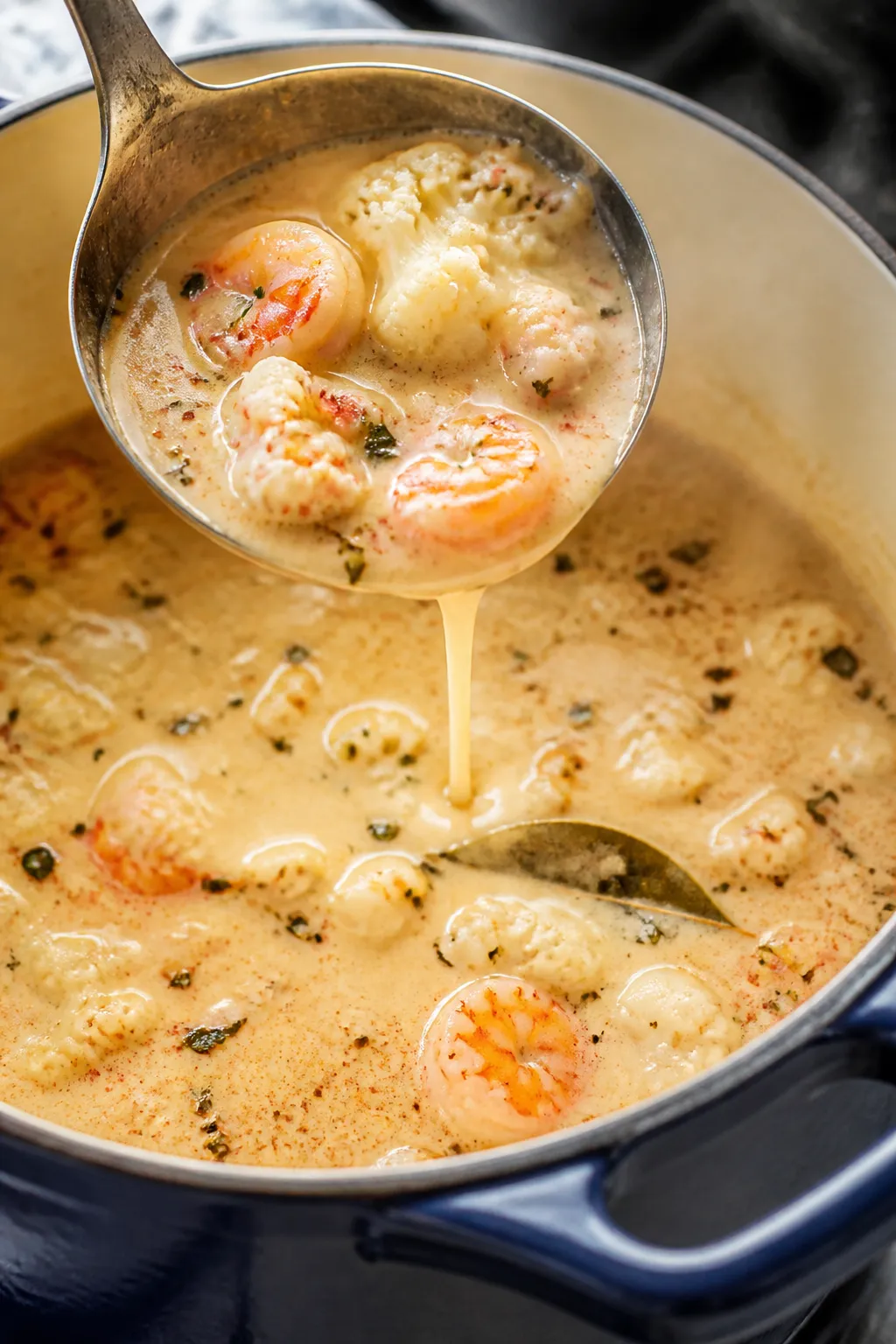 Cooking process close-up: A steamy ladle pouring silky, cream-enriched keto seafood chowder back int