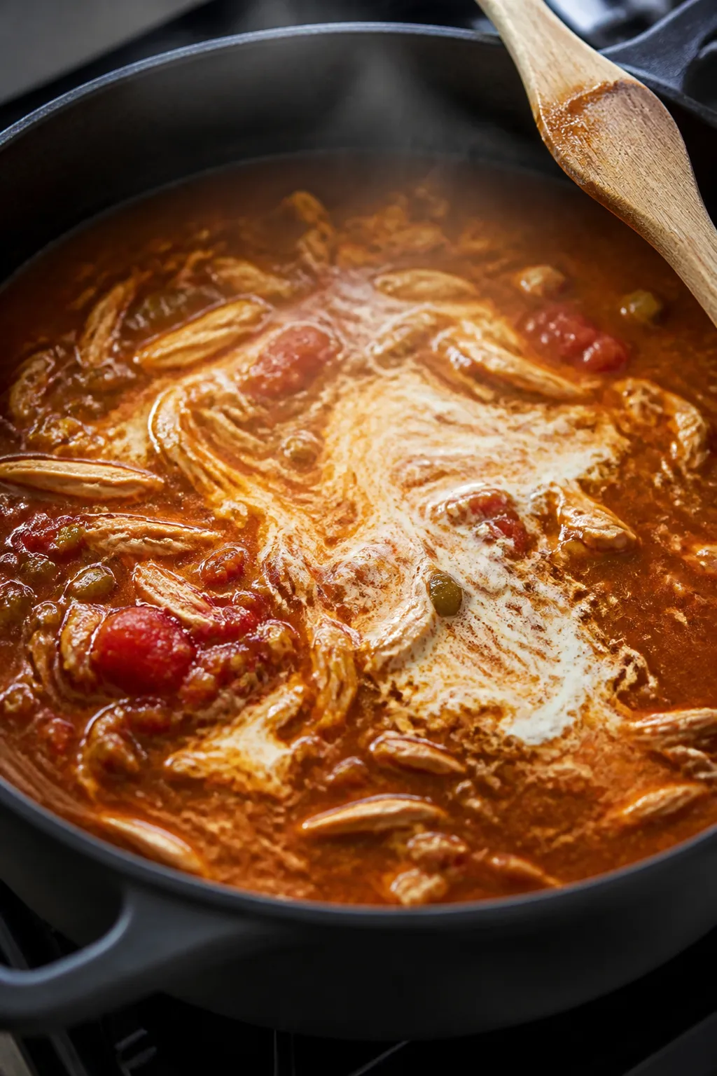 Cooking process close-up: A steamy, mid-simmer shot of low carb chicken enchilada soup in a matte bl