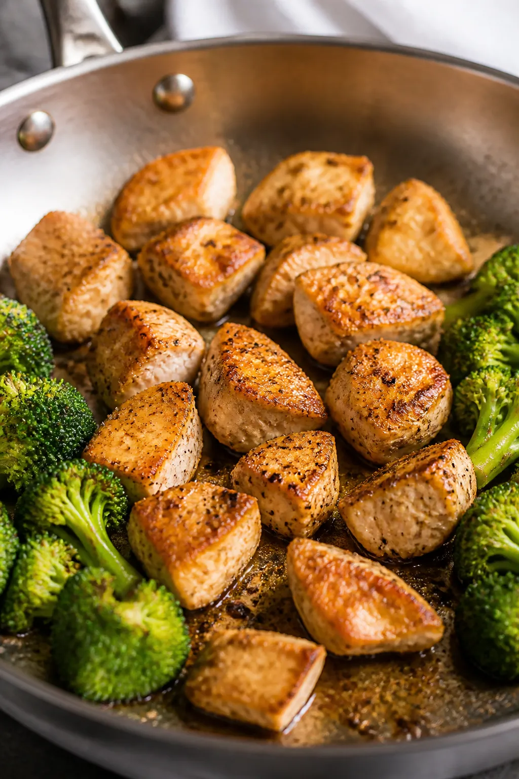 Cooking process, close-up: Bite-size chicken breast searing in a large stainless skillet, golden-bro