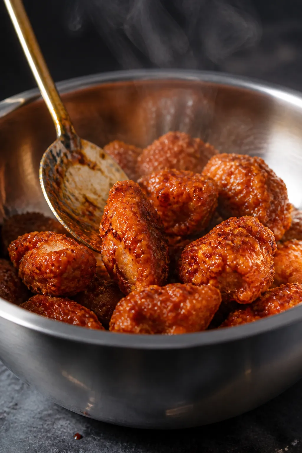 Cooking process close-up: Bite-size chicken pieces just out of the air fryer, golden and crisp with 