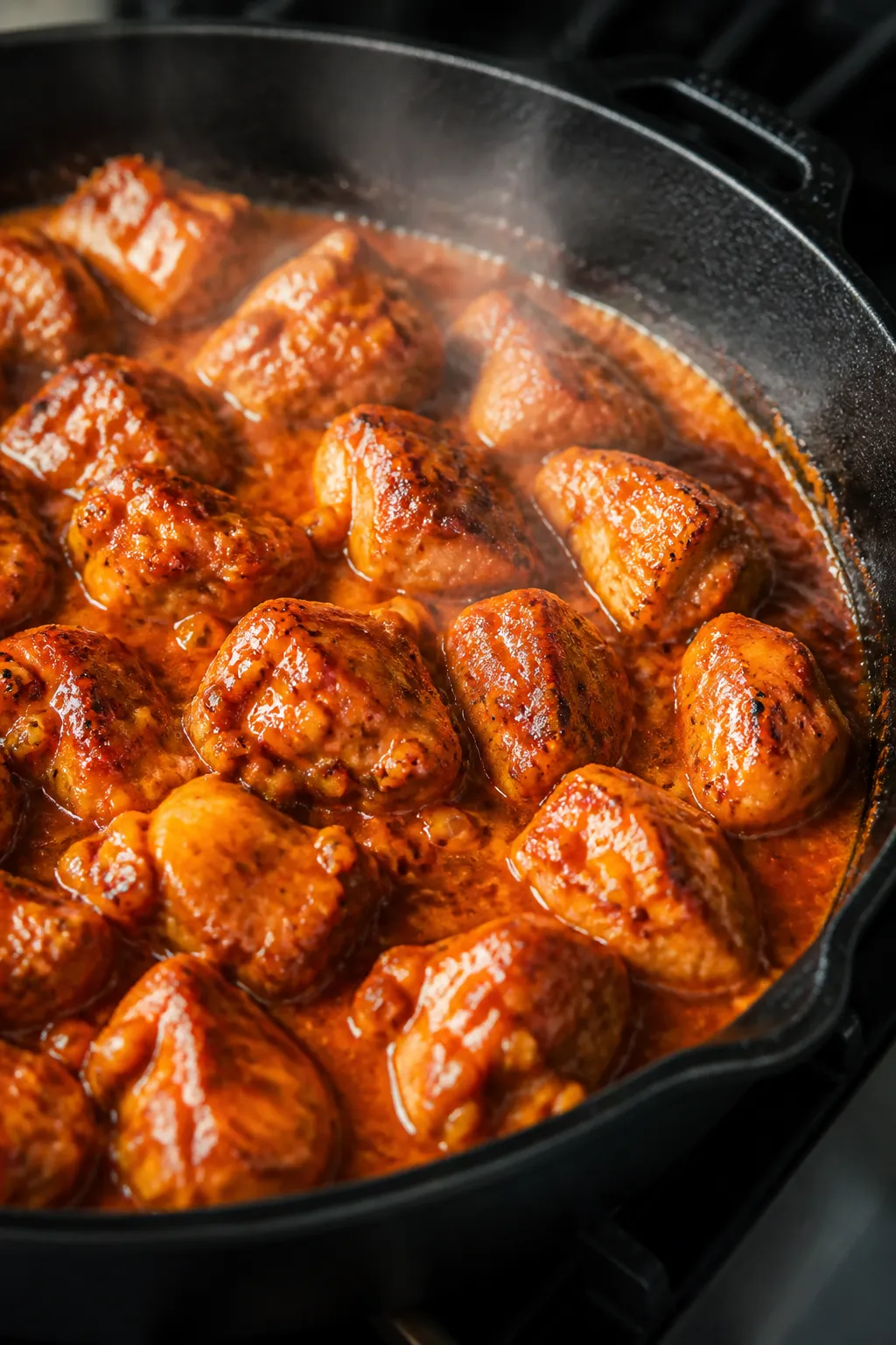 Cooking process close-up: Bite-size chicken searing in a large skillet, golden-brown edges with a gl