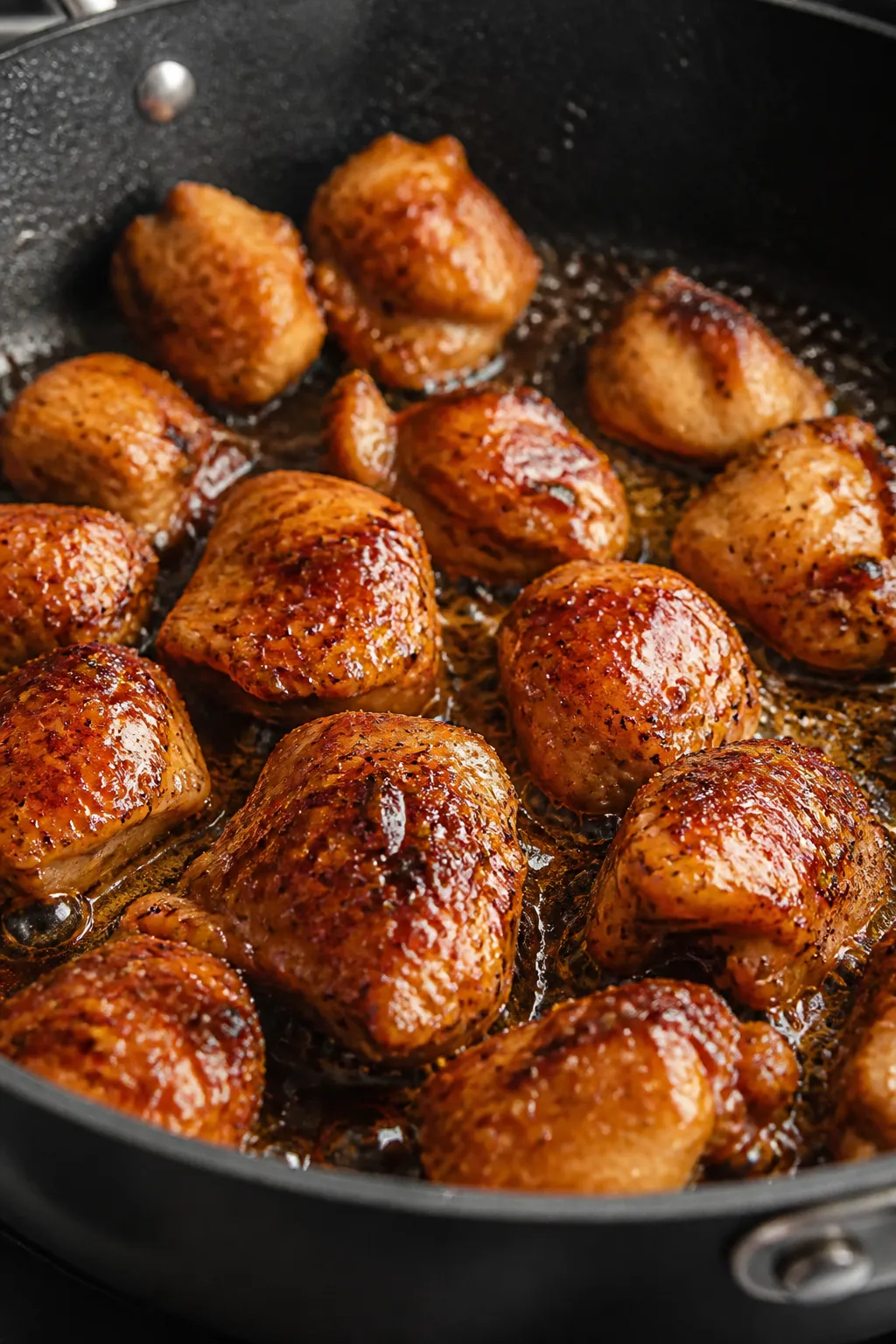 Cooking process close-up: Bite-size chicken thighs searing in a large skillet, caramelized edges jus