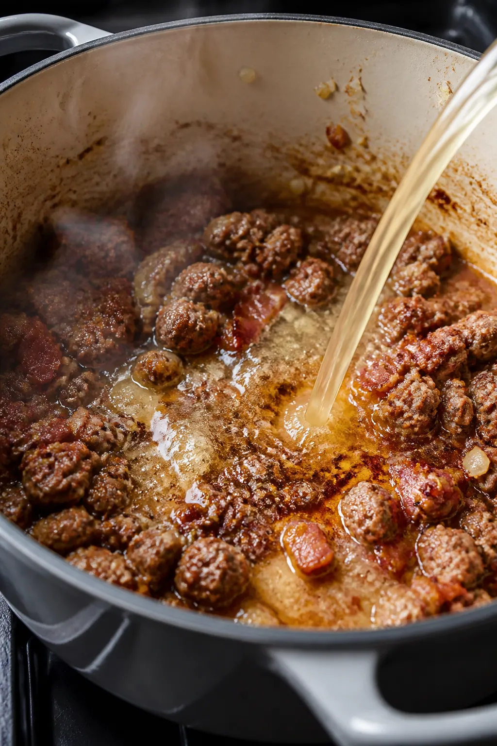 Cooking process close-up: Crispy browned Italian sausage and bacon bits sizzling in a heavy soup pot