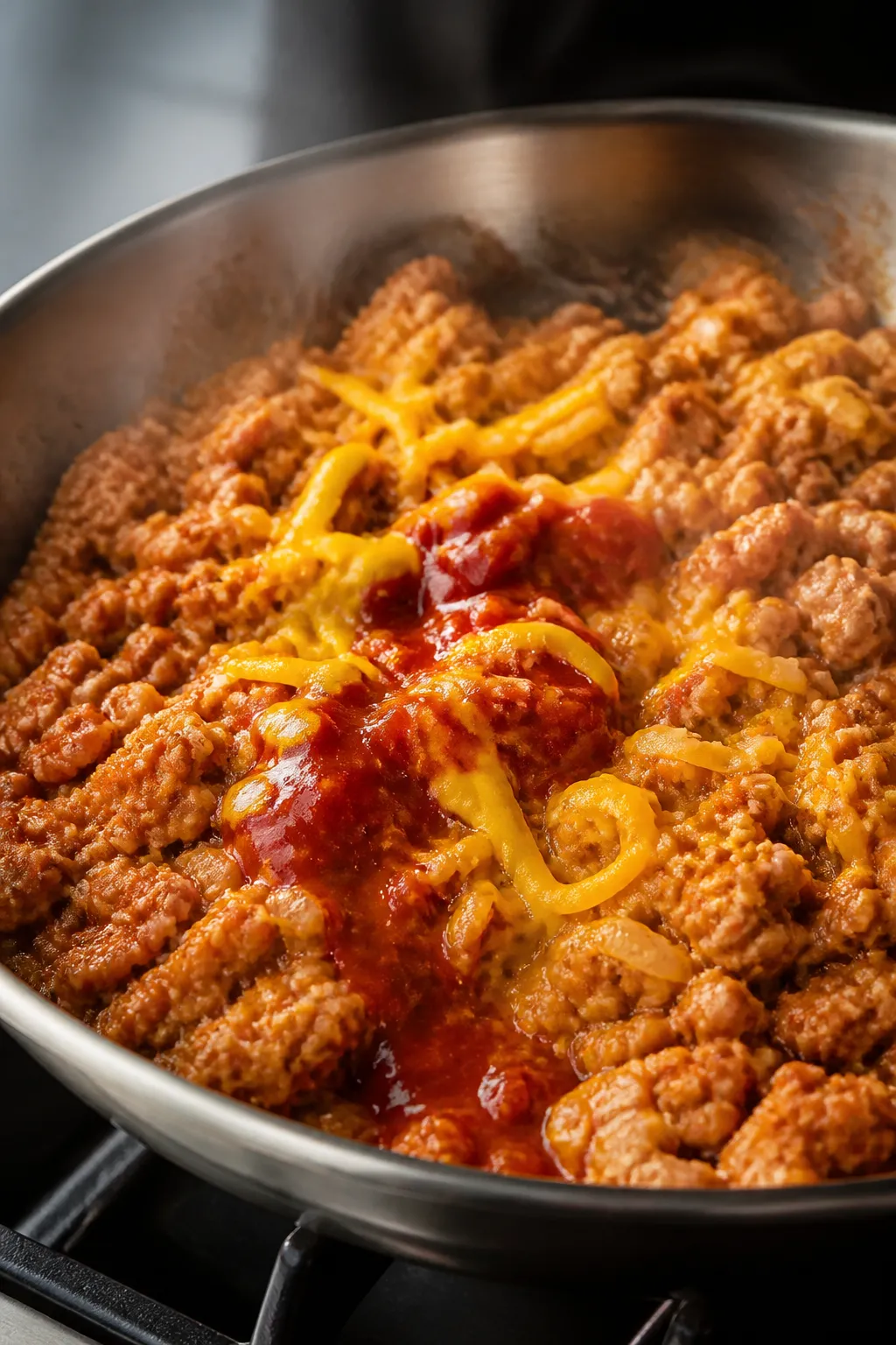 Cooking process close-up: Crumbled ground chicken sizzling in a wide stainless skillet, browned edge