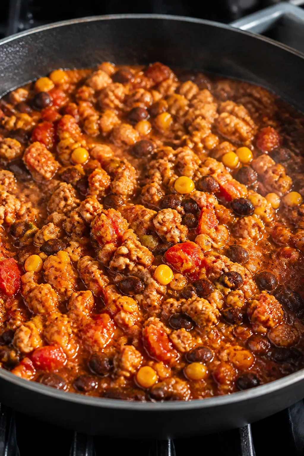 Cooking process, close-up detail: A large skillet of browned ground chicken simmering with taco seas