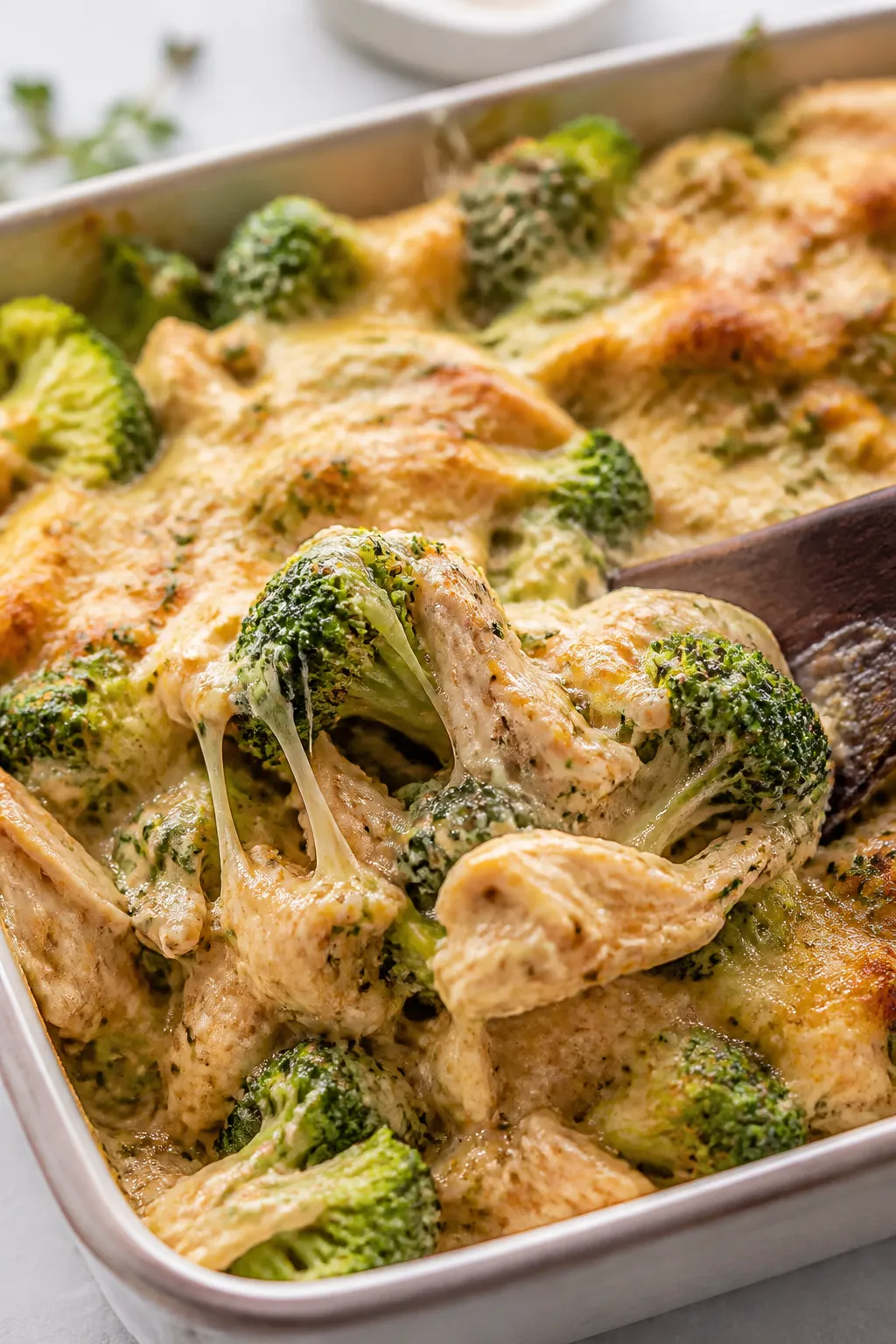 Cooking process, close-up detail: Broccoli and shredded rotisserie chicken coated in a creamy Greek