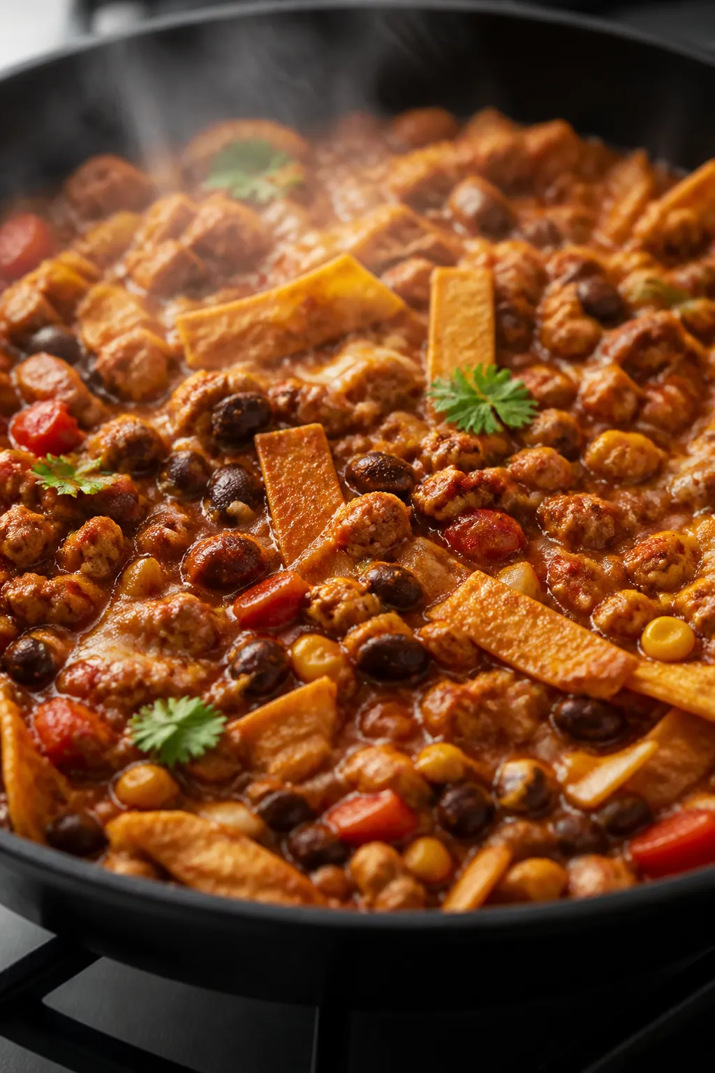 Cooking process, close-up detail: Close-up of a simmering enchilada skillet with browned ground chic