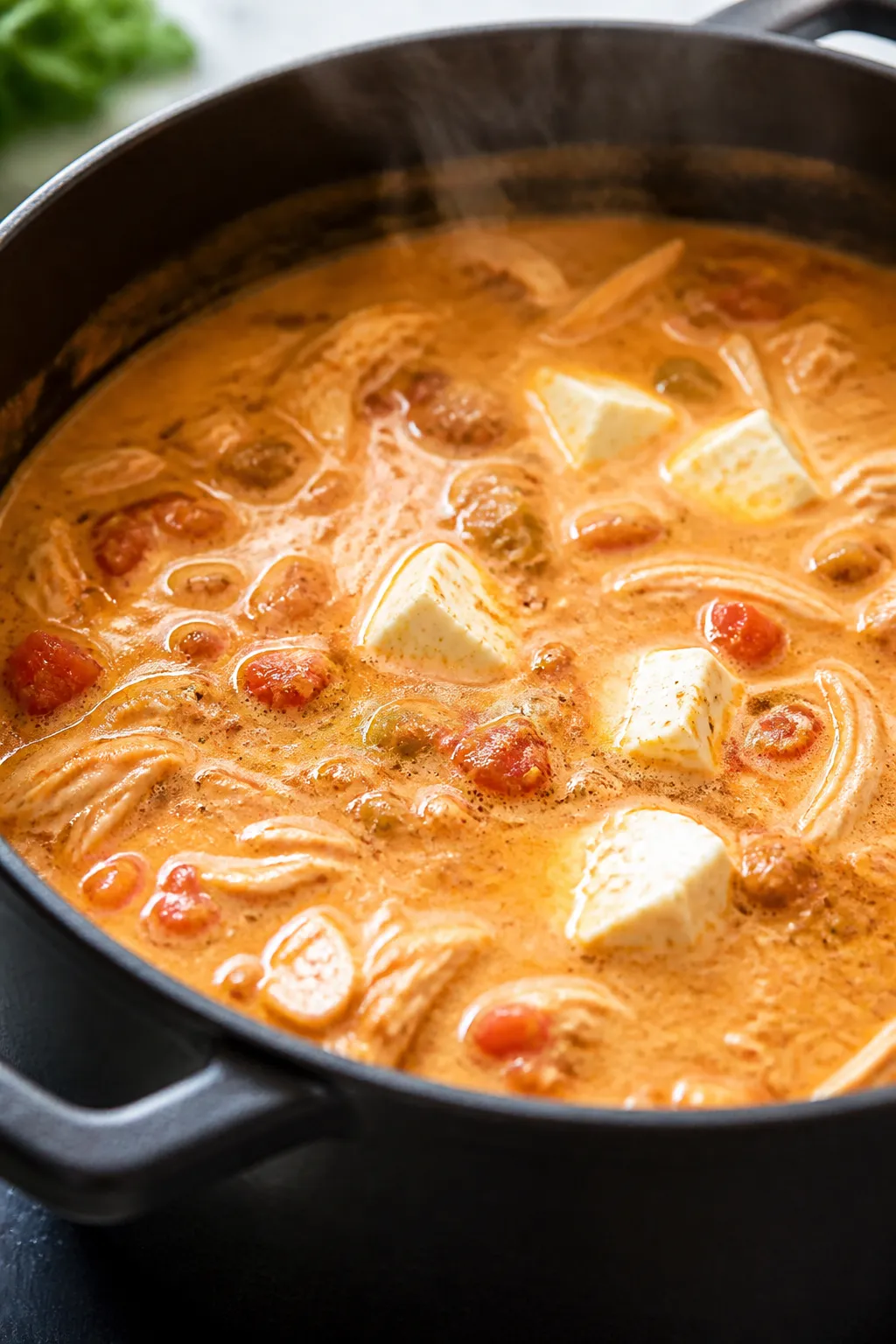 Cooking process, close-up detail: Close-up of a simmering pot of low carb chicken enchilada soup rig