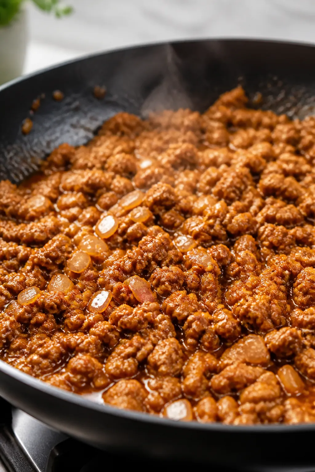 Cooking process, close-up detail: Close-up of glossy, savory ground chicken sizzling in a wide black