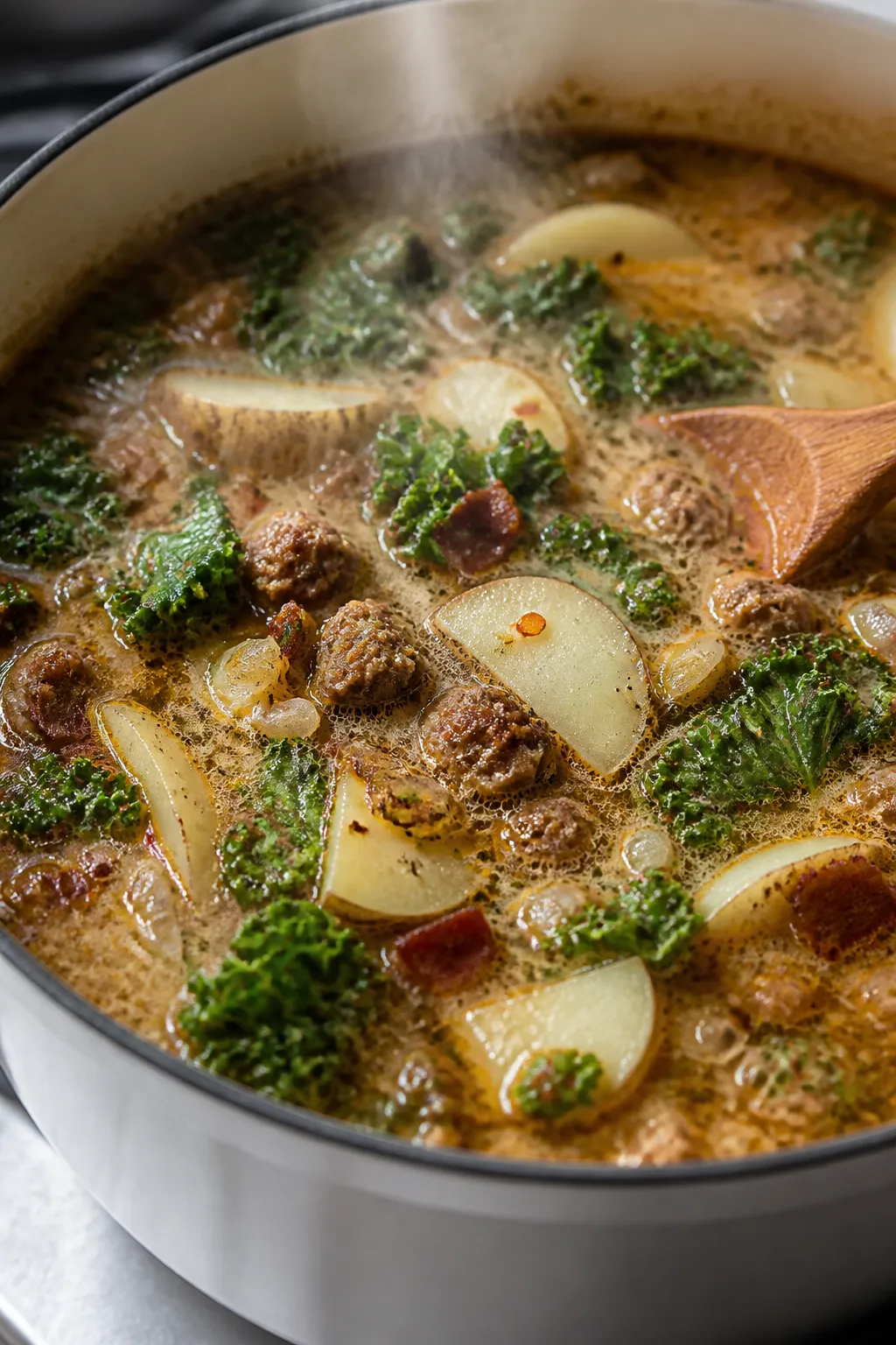 Cooking process, close-up detail: Close-up of Zuppa Toscana simmering in a Dutch oven as thin half-m