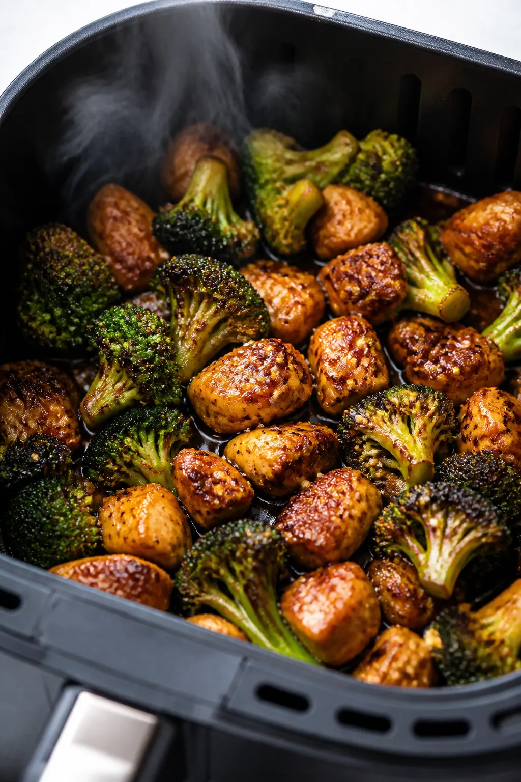 Cooking process, close-up detail: Golden-browned air fryer chicken pieces tossed back with crisp-ten