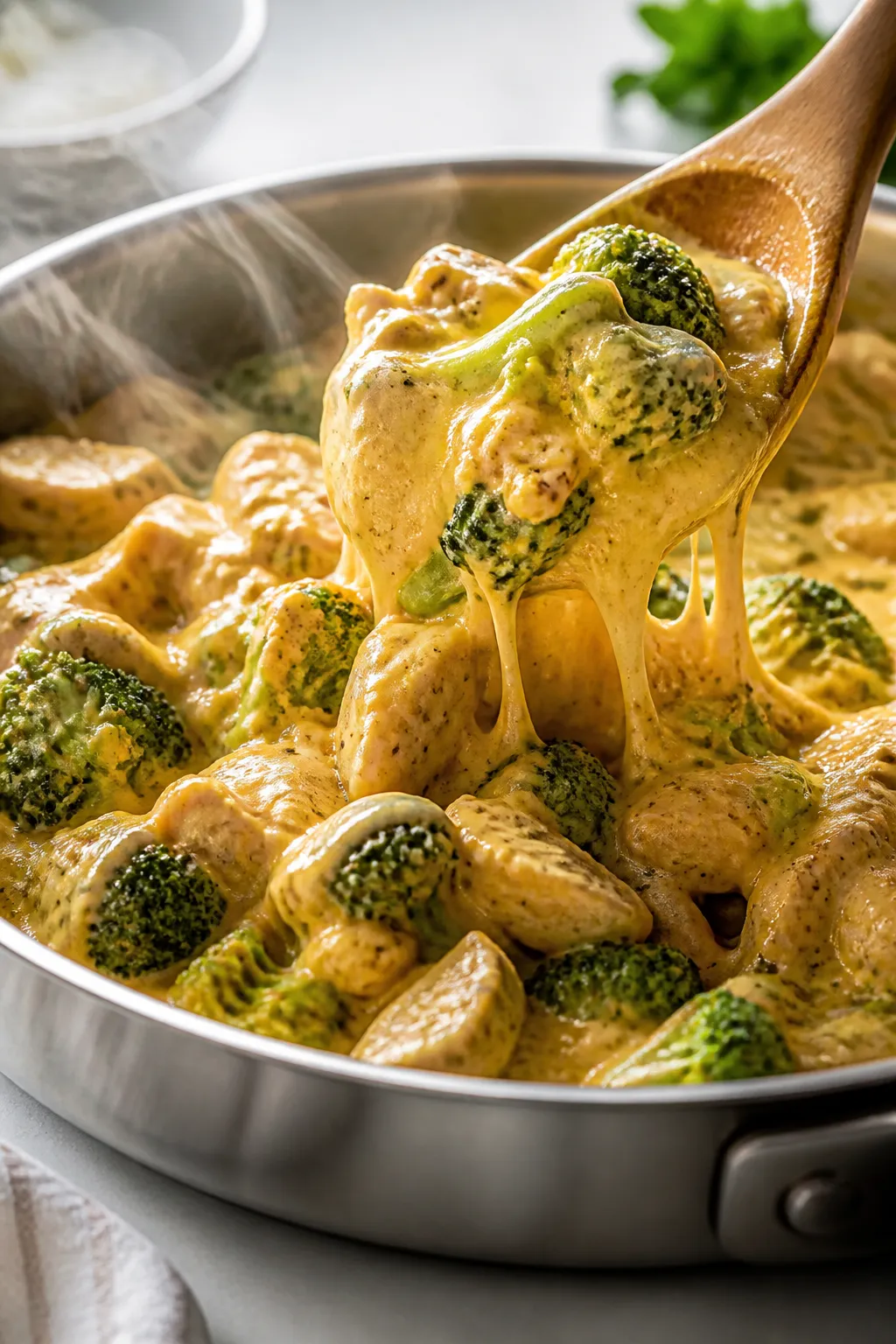 Cooking process, close-up detail: Golden, bubbling broccoli-chicken mixture being folded with creamy